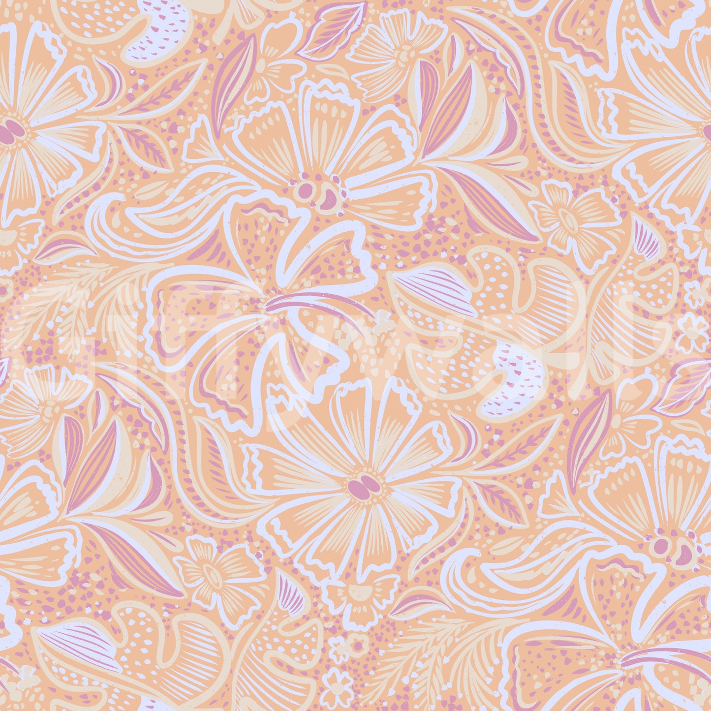 Peach floral swirl wallpaper in apricot and lavender tones., GD10539