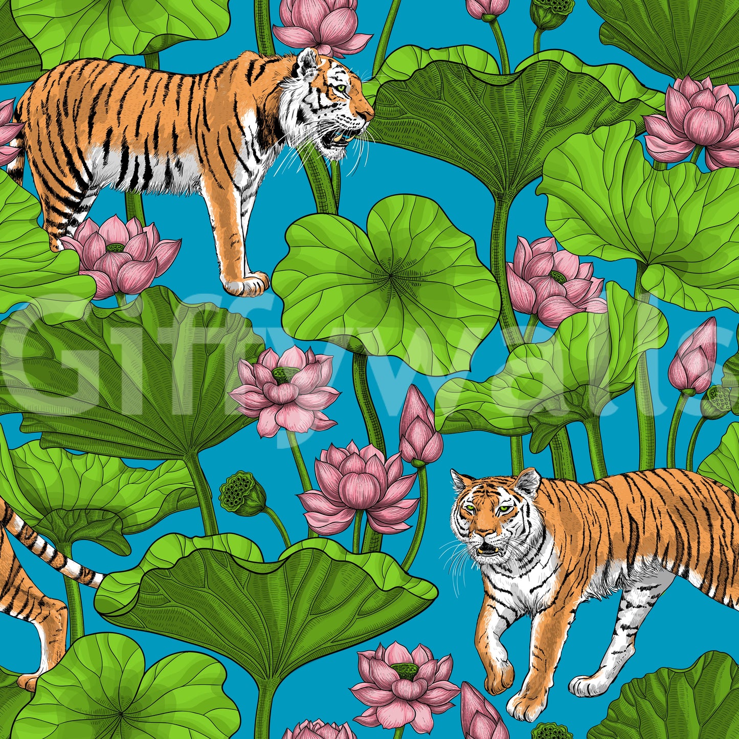 Tiger and lotus pond pattern wallpaper in teal and green tones., GD10541