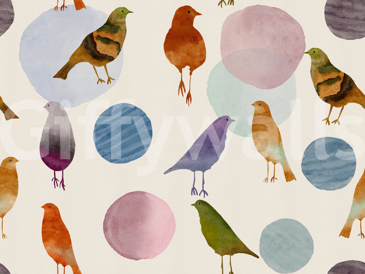 Bird wallpaper pattern with watercolour songbirds in rust and purple tones., GD10546