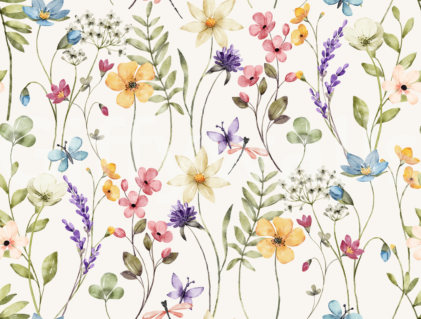 Meadow floral wallpaper in soft pastel tones on cream background., GD10547