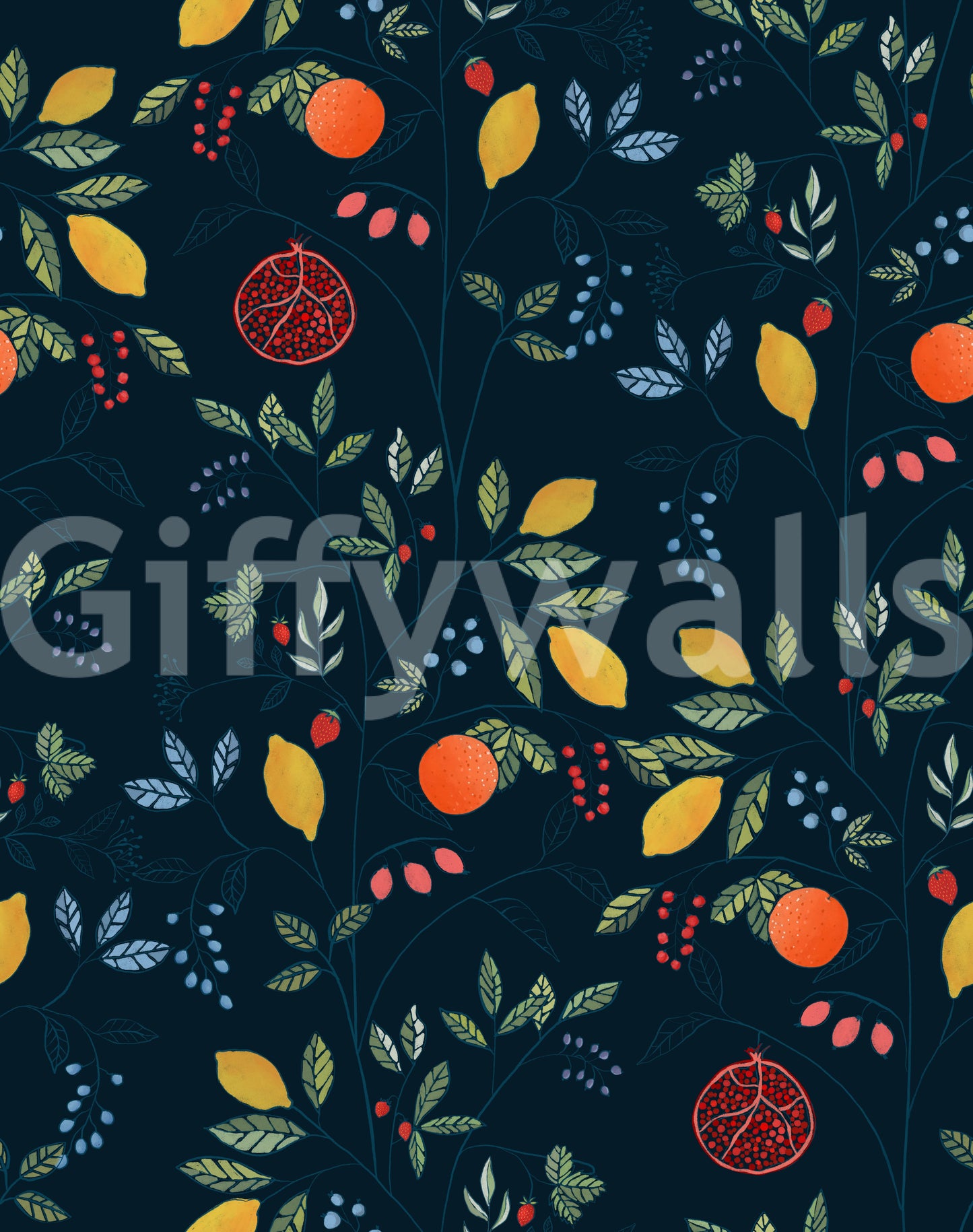Repeating harvest wallpaper with citrus berries and green foliage on blue., GD10550