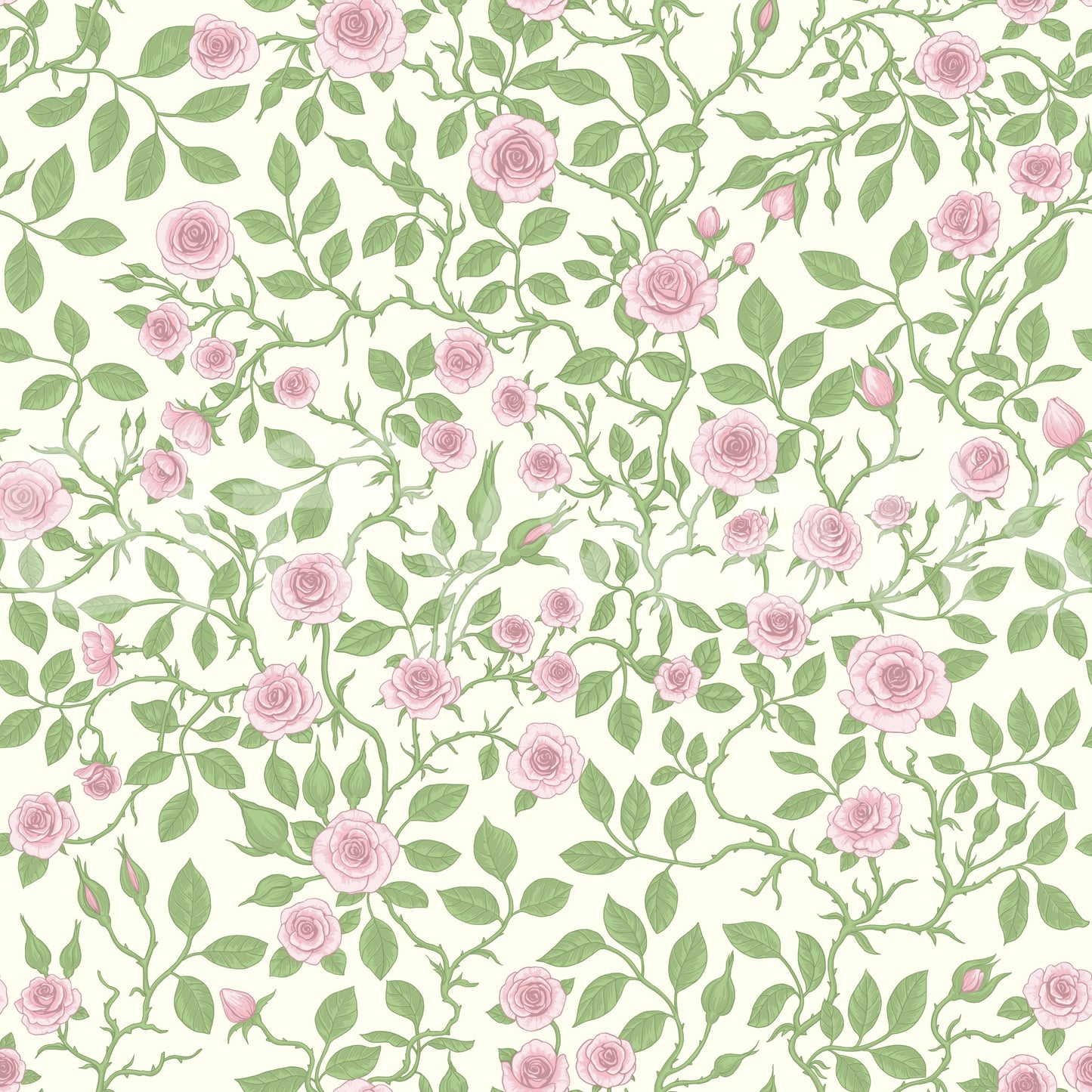 Pink rose wallpaper with soft blooms and sage green leaves on cream background.