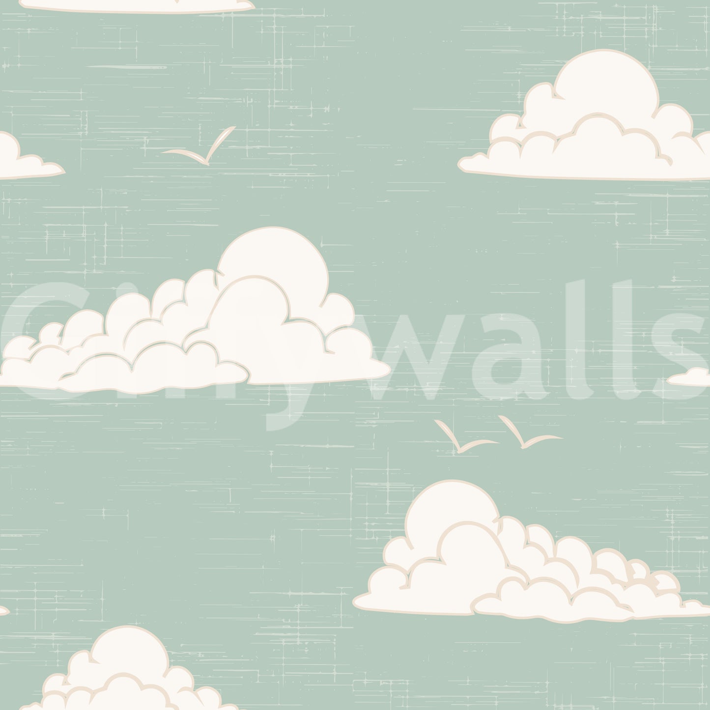 Retro white cloud formations on light sage sky wall mural.