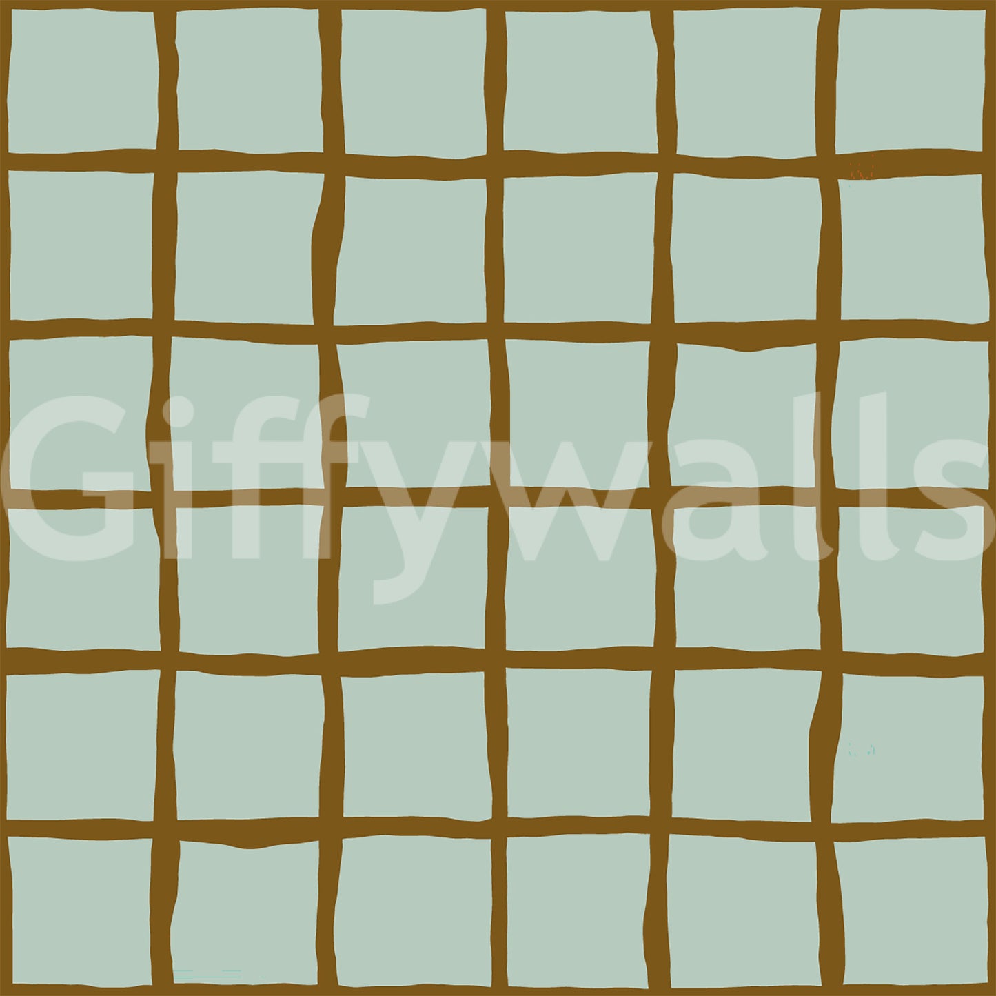 Soft sage wavy grid wallpaper with brown irregular lines.