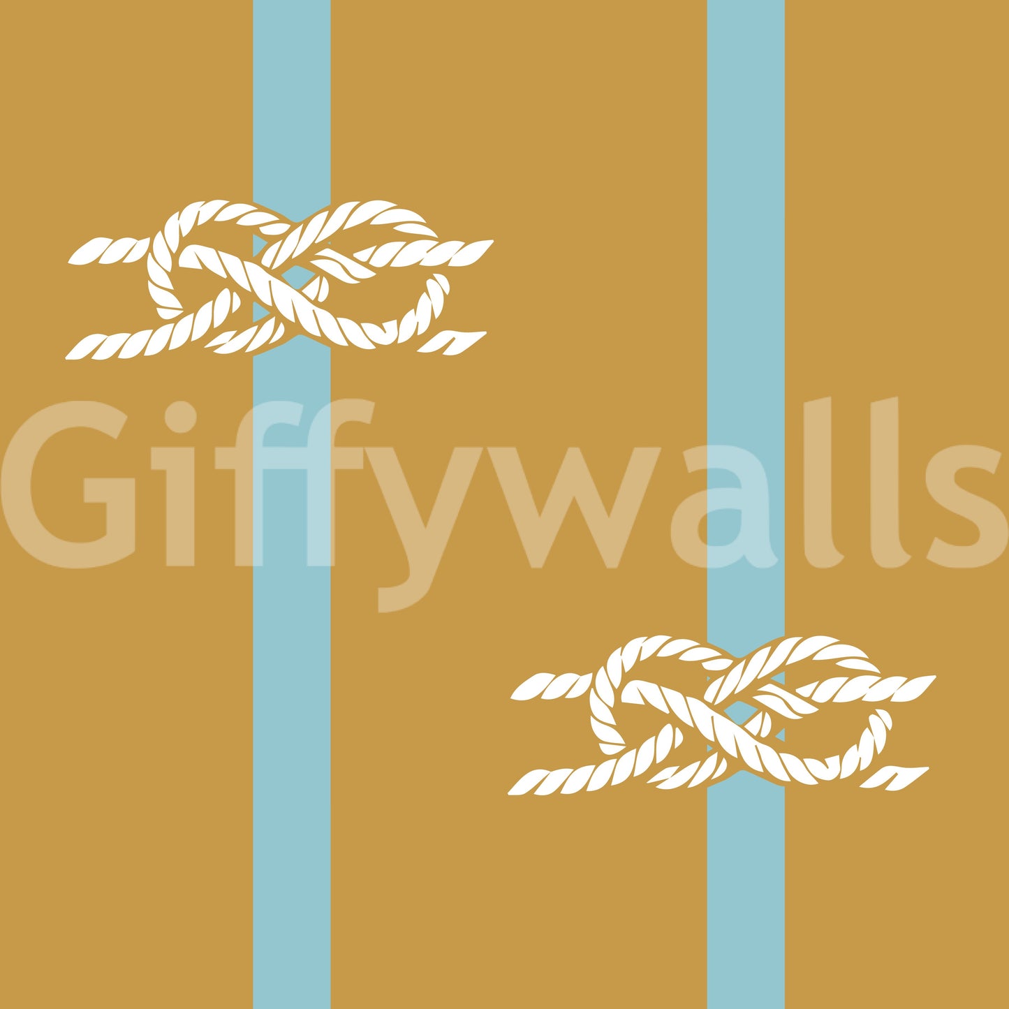 Nautical rope knot motifs on mustard wallpaper with sky blue vertical stripes.