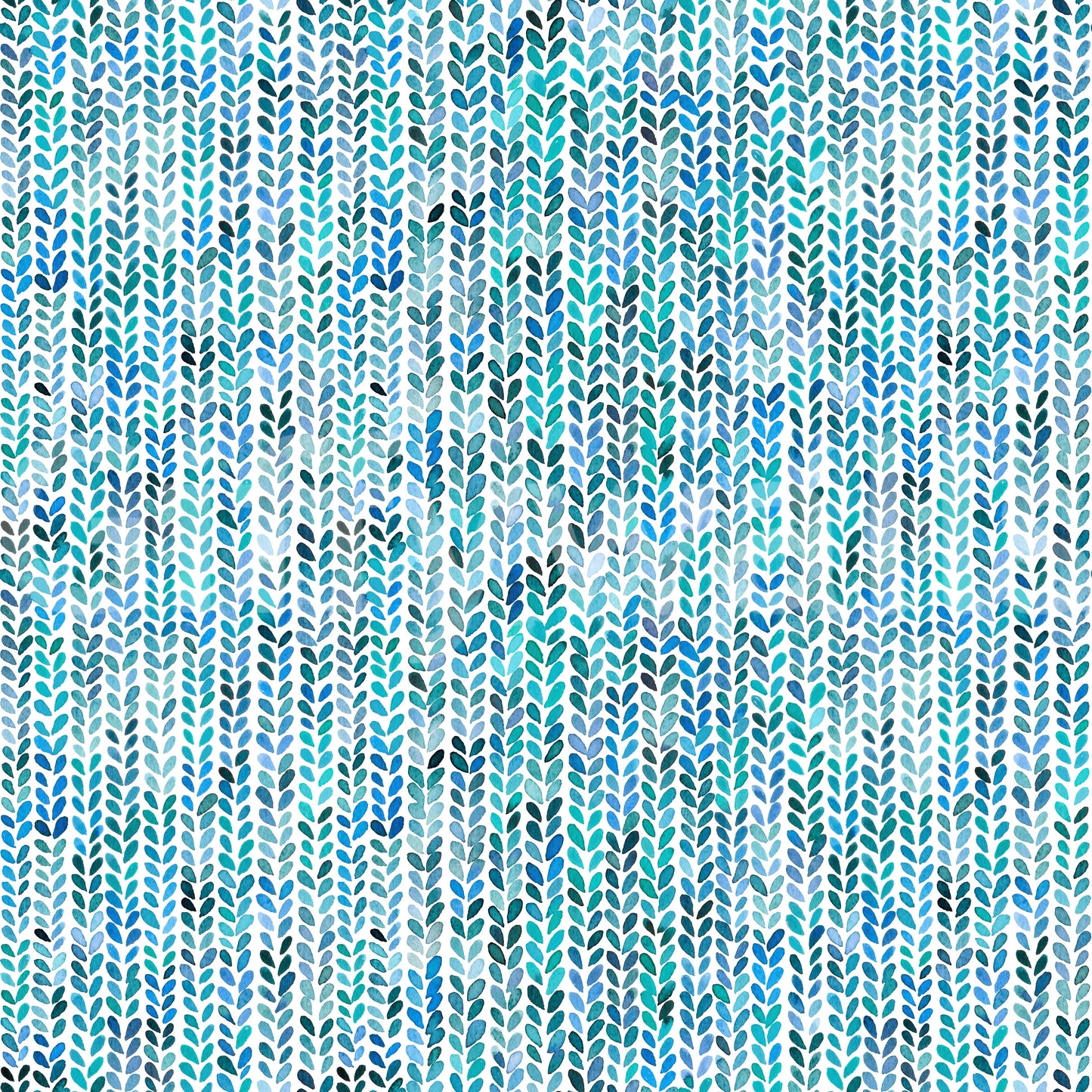 Aqua and blue watercolour knit cascade wallpaper with vertical leaf columns.