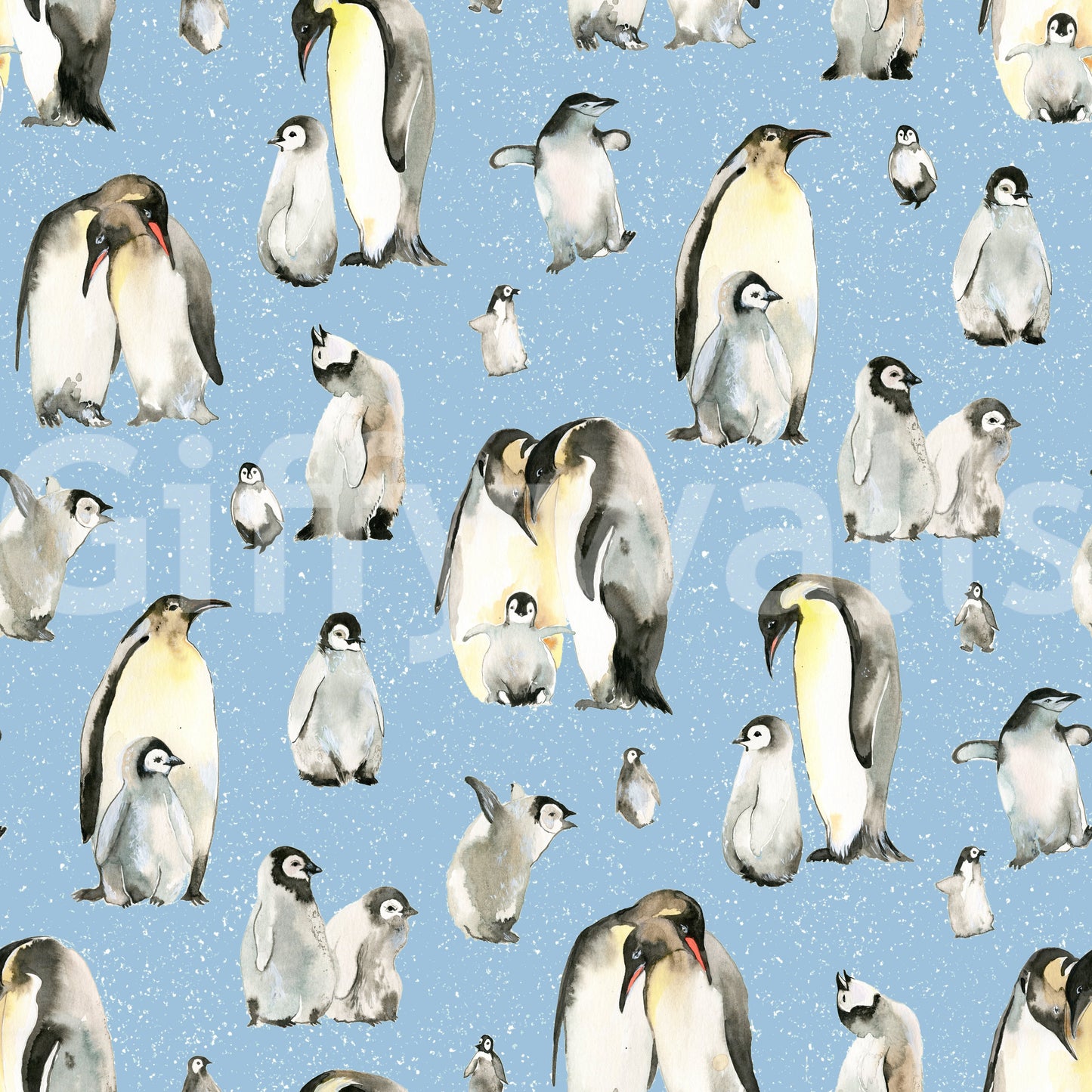 Wallpaper showing emperor penguin repeat pattern in blue and grey.