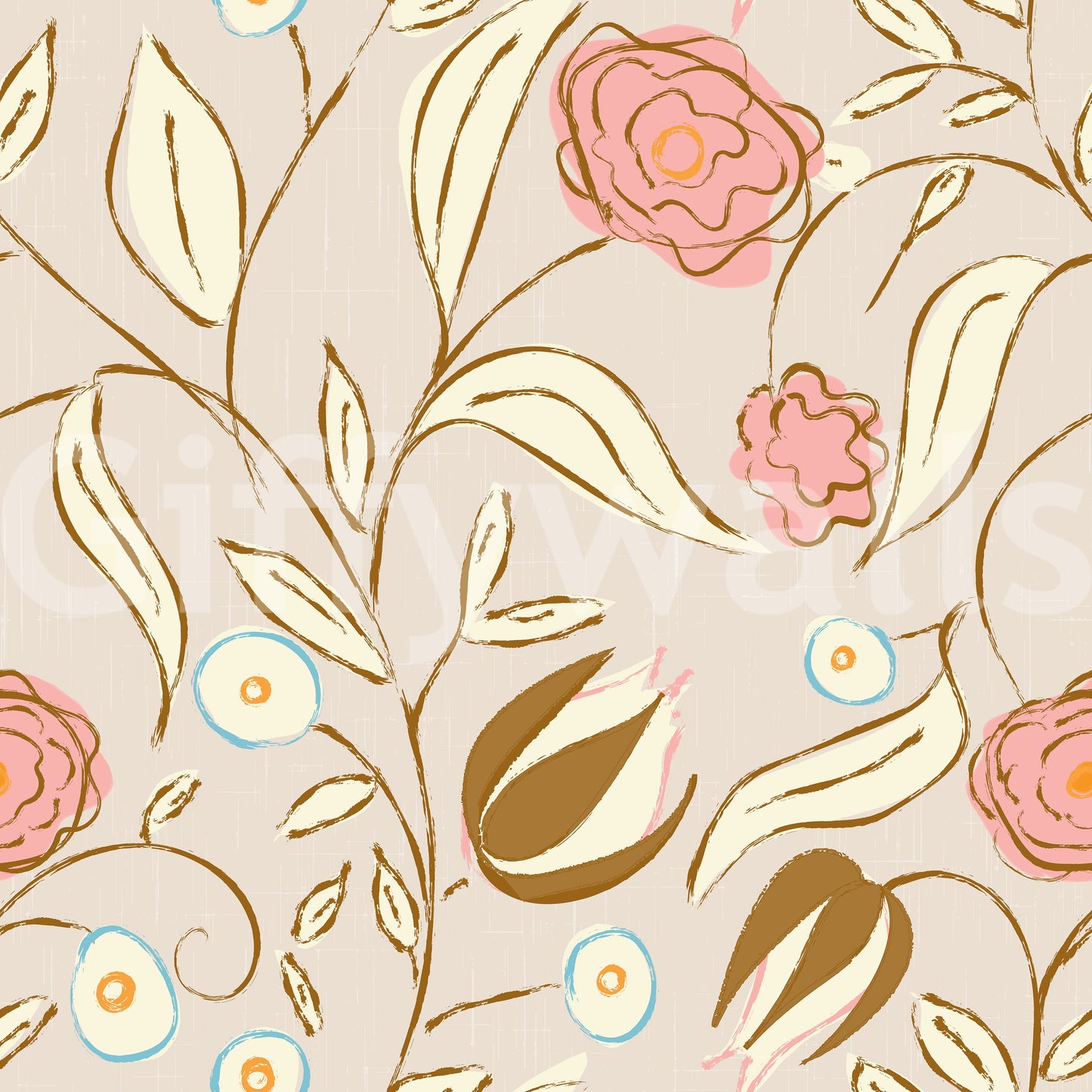 Beige Chintz Floral Wallpaper Vintage Botanical Wallpaper