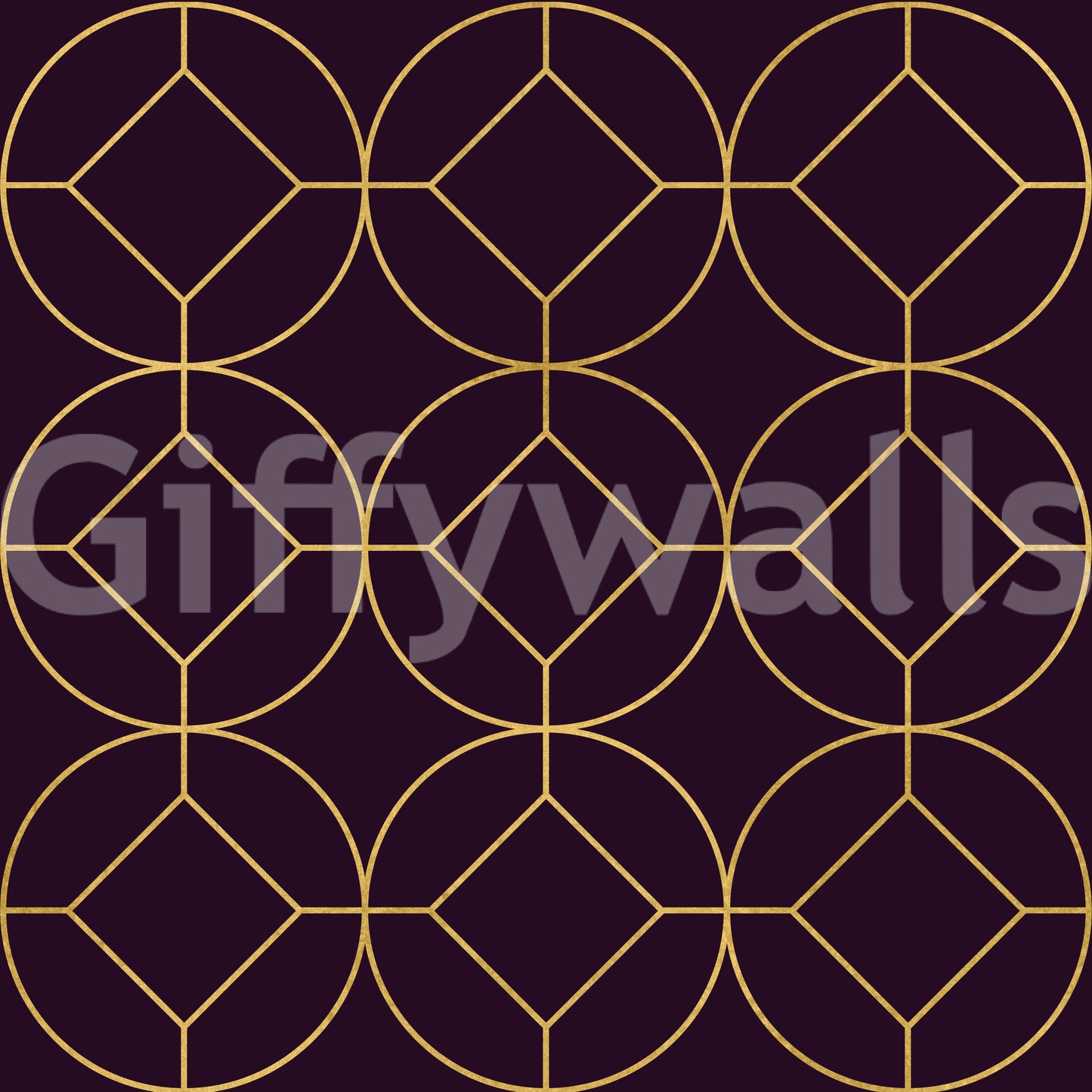 Plum wallpaper with gold circular medallions and inset diamond shapes., GD10645