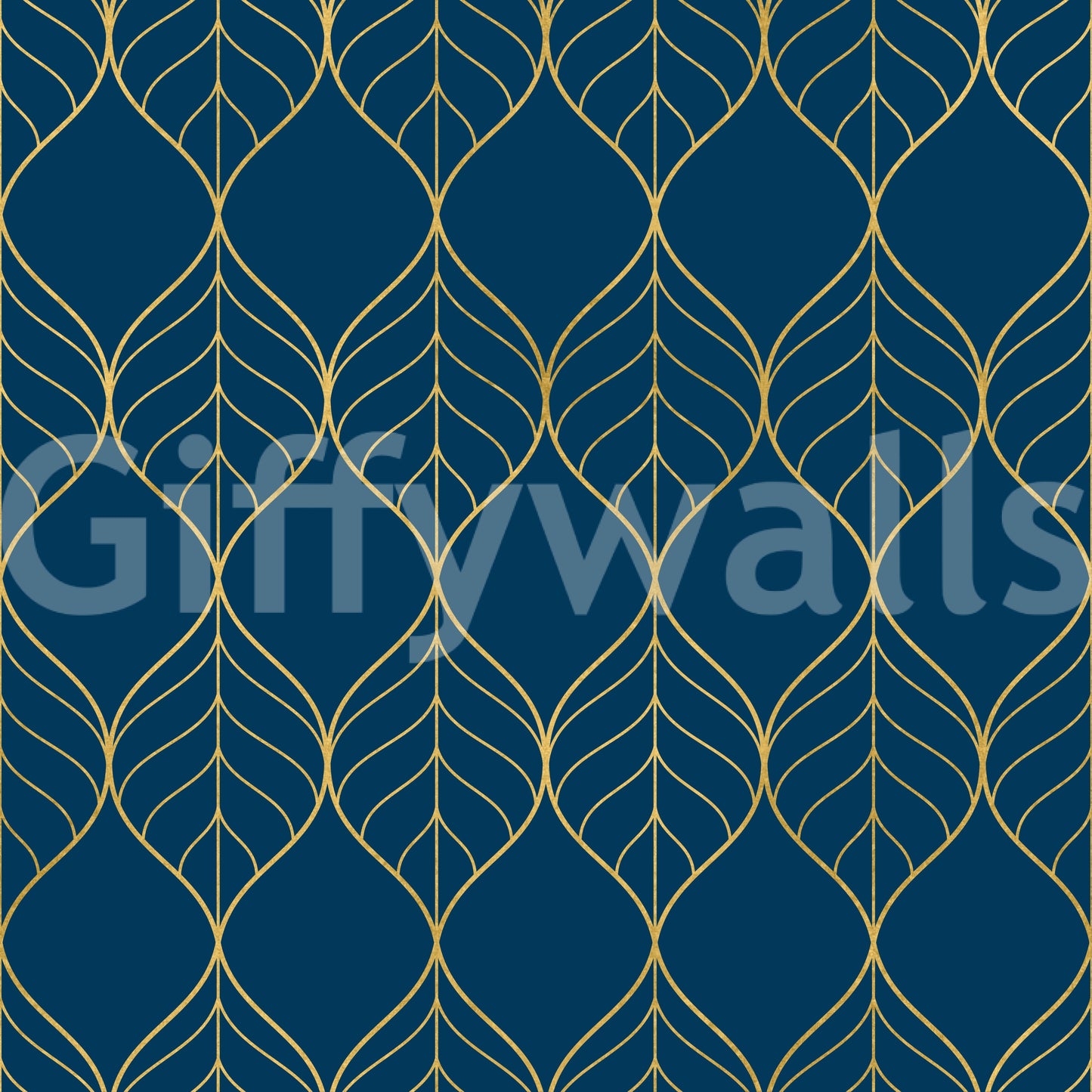 Repeating gold ogee leaf pattern on a deep navy blue wallpaper., GD10649