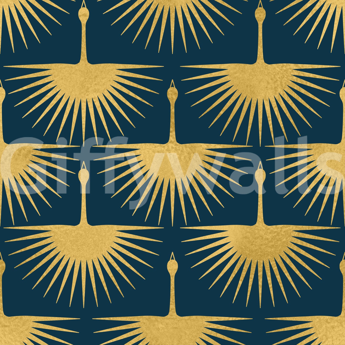 Golden crane wallpaper with stylised birds and spread wings on dark turquoise., GD10651