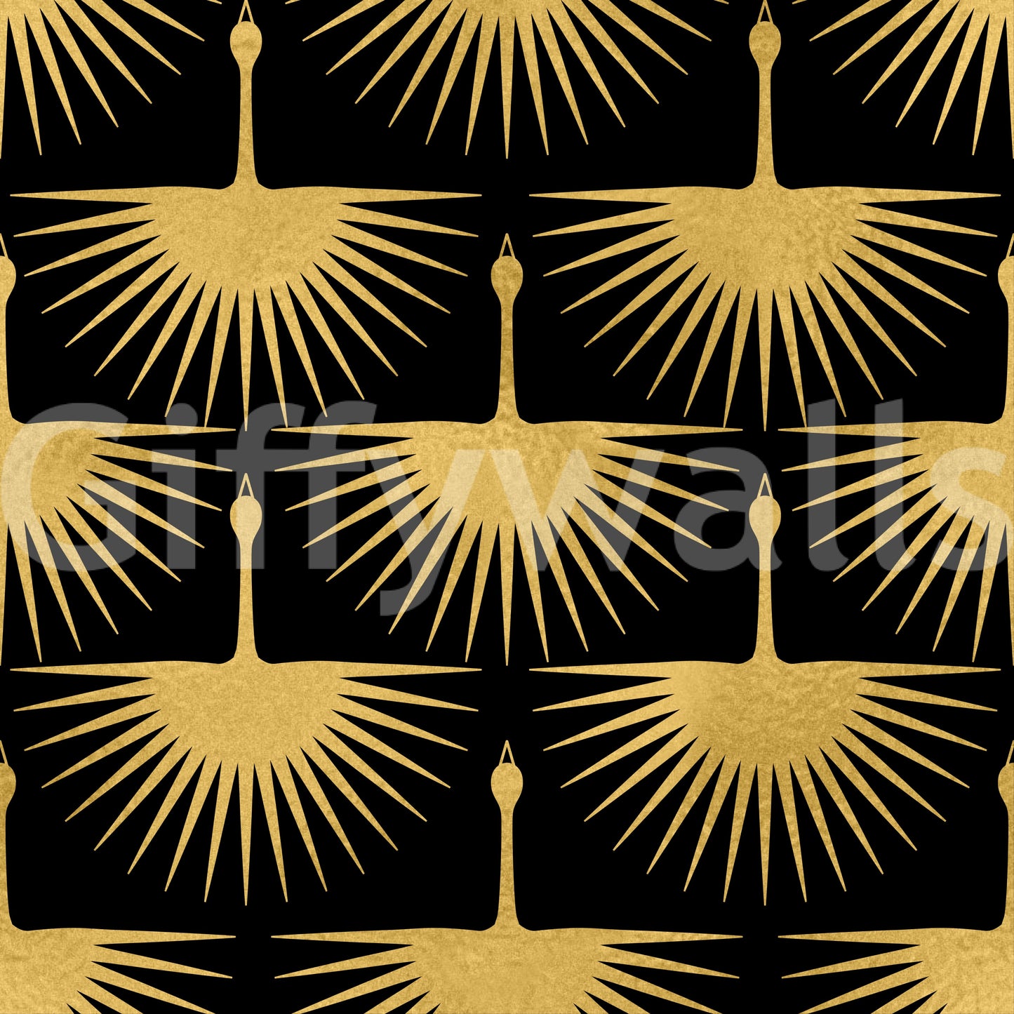 Repeating gold crane pattern with radiating feather rays on black wallpaper, GD10652
