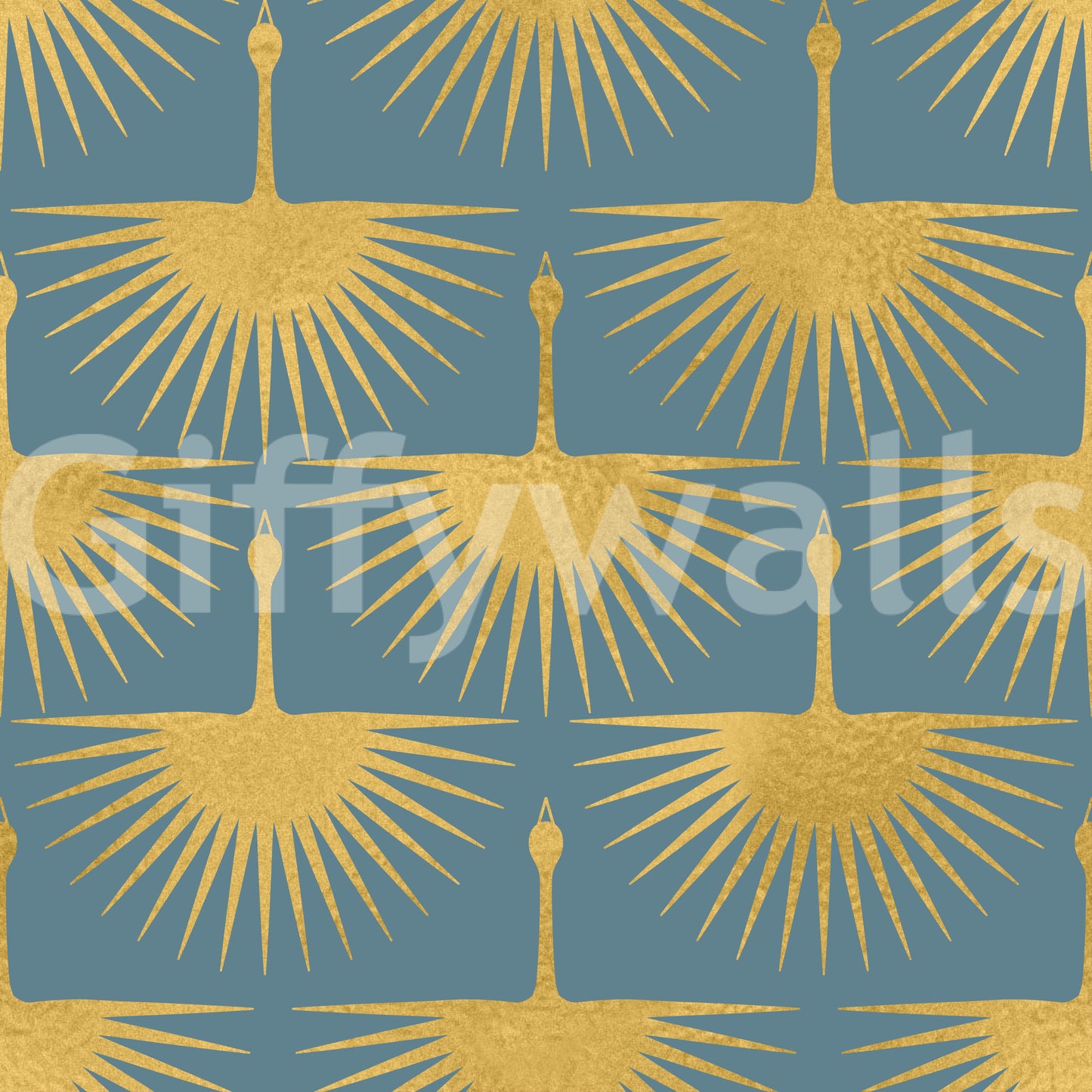 Blue wallpaper with repeating gold crane pattern and radiating feather rays., GD10653