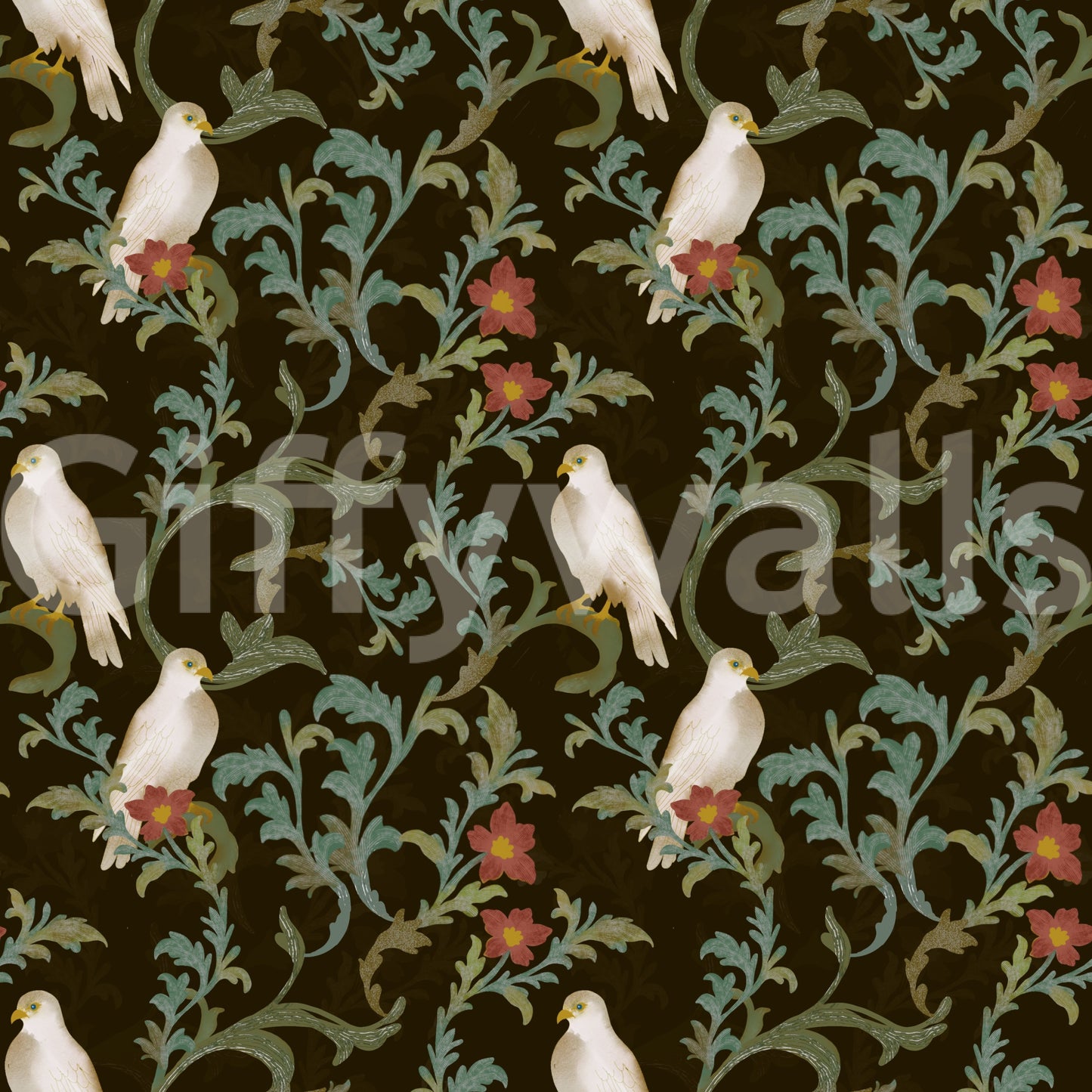 Midnight Forest Birds and Floral Scroll Wallpaper