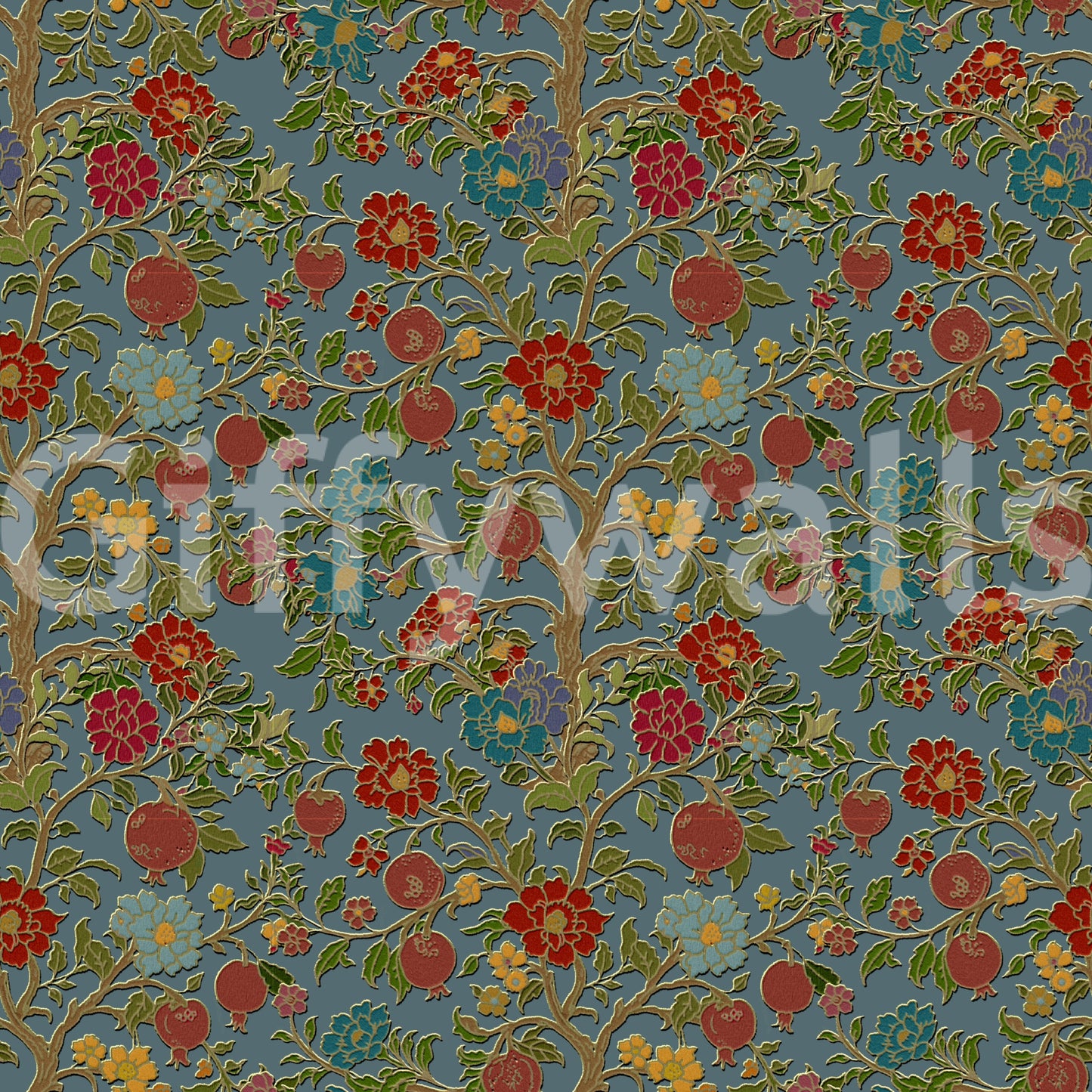 Classic Botanical Pomegranate Teal Wallpaper