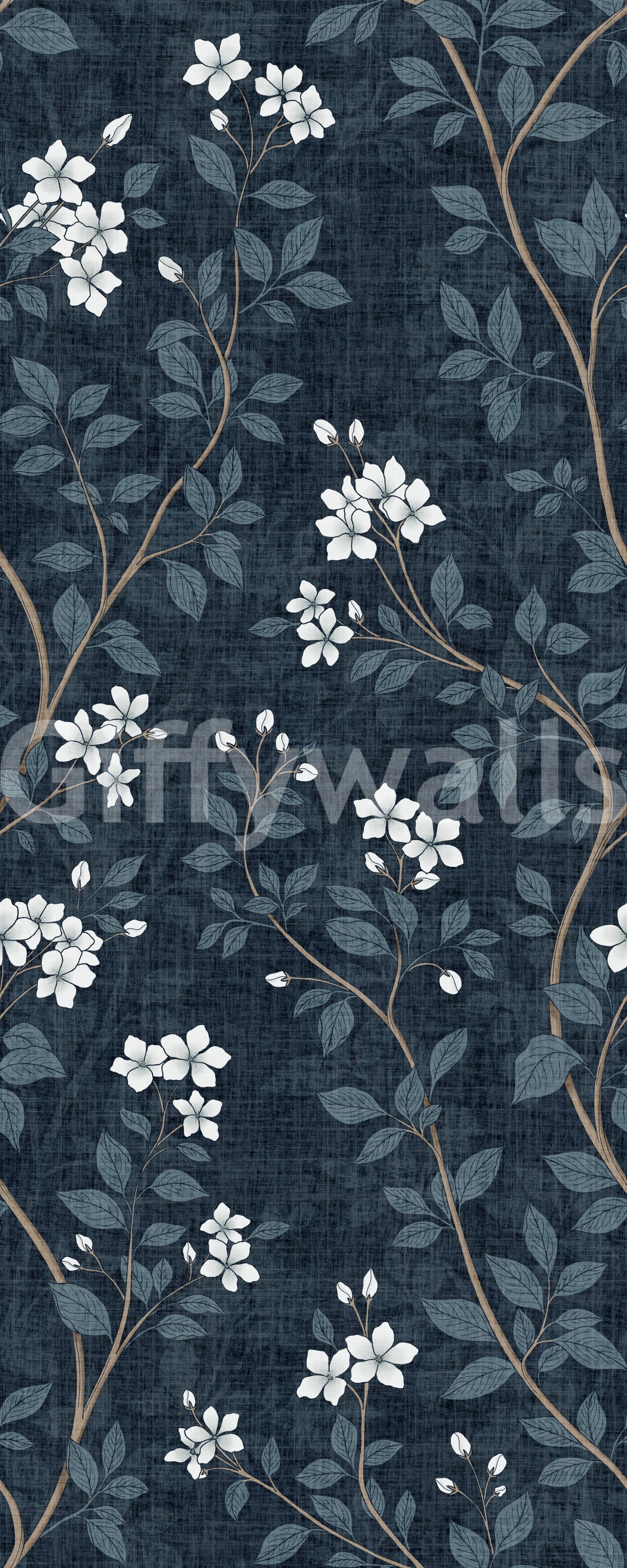 Elegant White Blooms on Indigo Linen Wallpaper