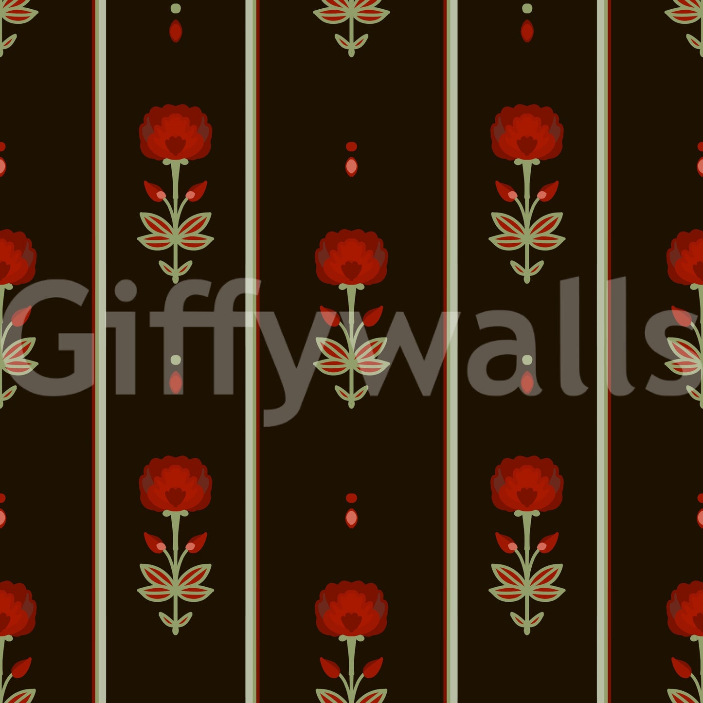 Crimson Folk Art Floral Stripe Wallpaper Wallpaper