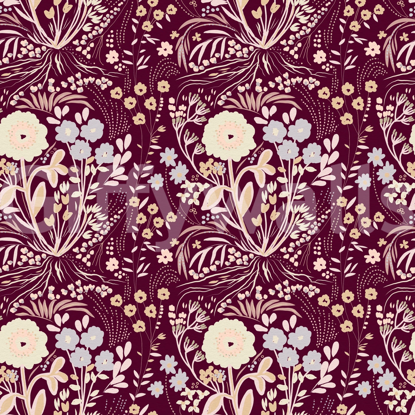 Midnight Wildflower Meadow on Red Wallpaper