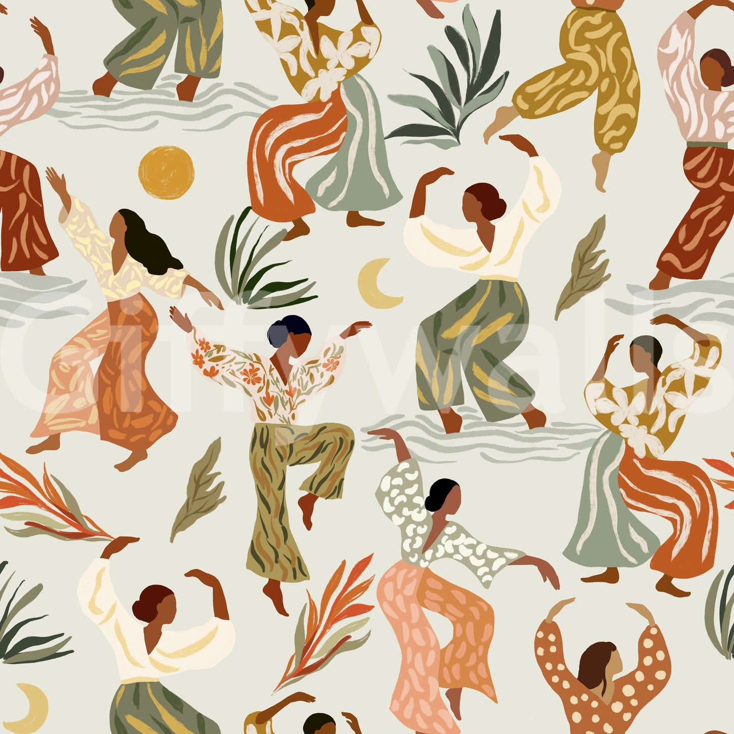 Earthy Boho Rhythms and Dancing Figures Wallpaper