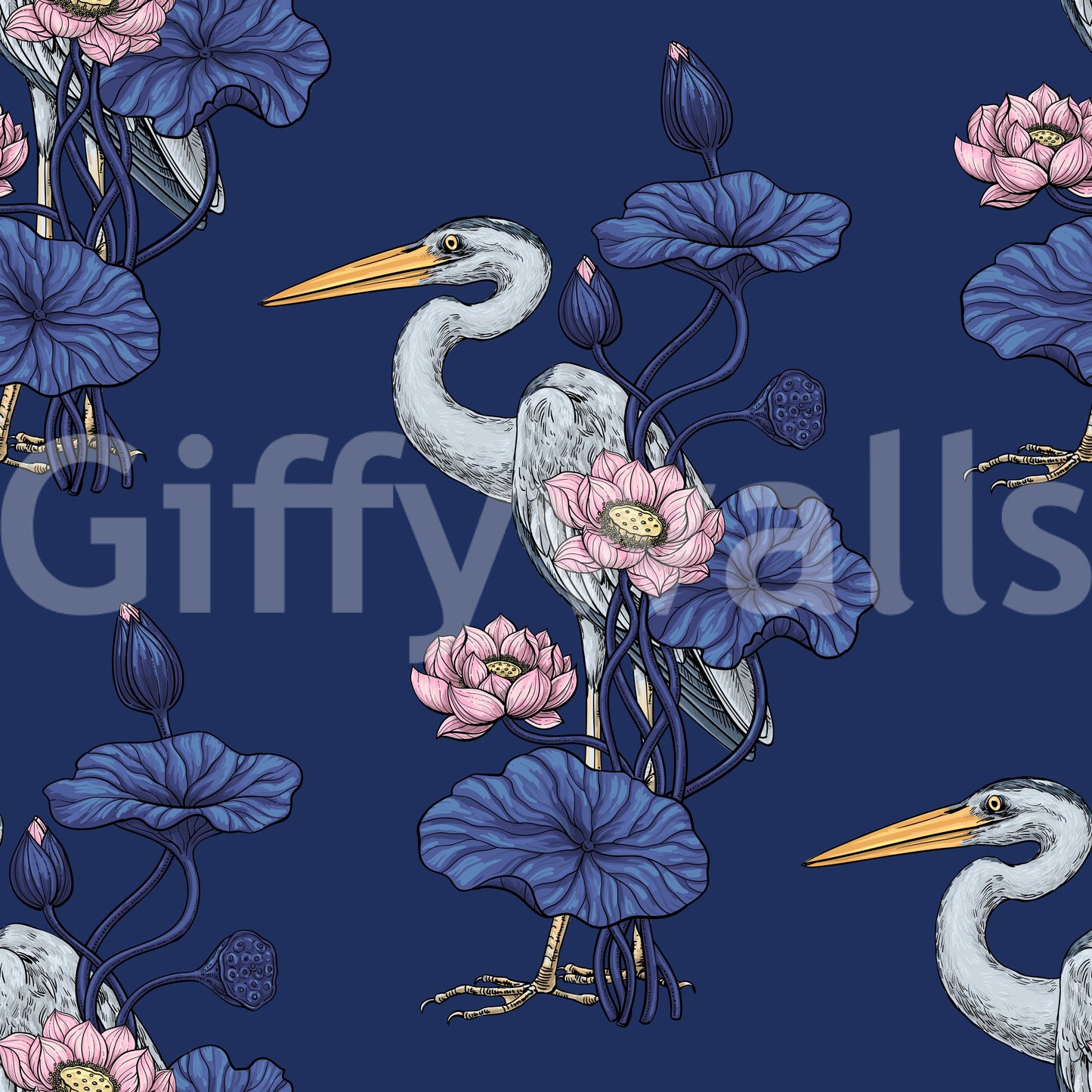 Heron in the Pink Lotus Garden on delpht blue Wallpaper