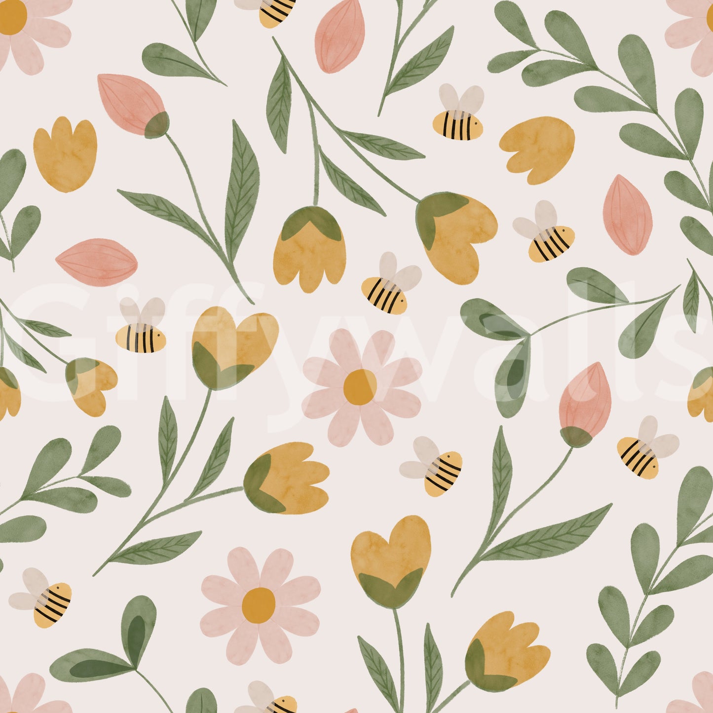 Whimsical Honeybee Meadow Pattern Wallpaper
