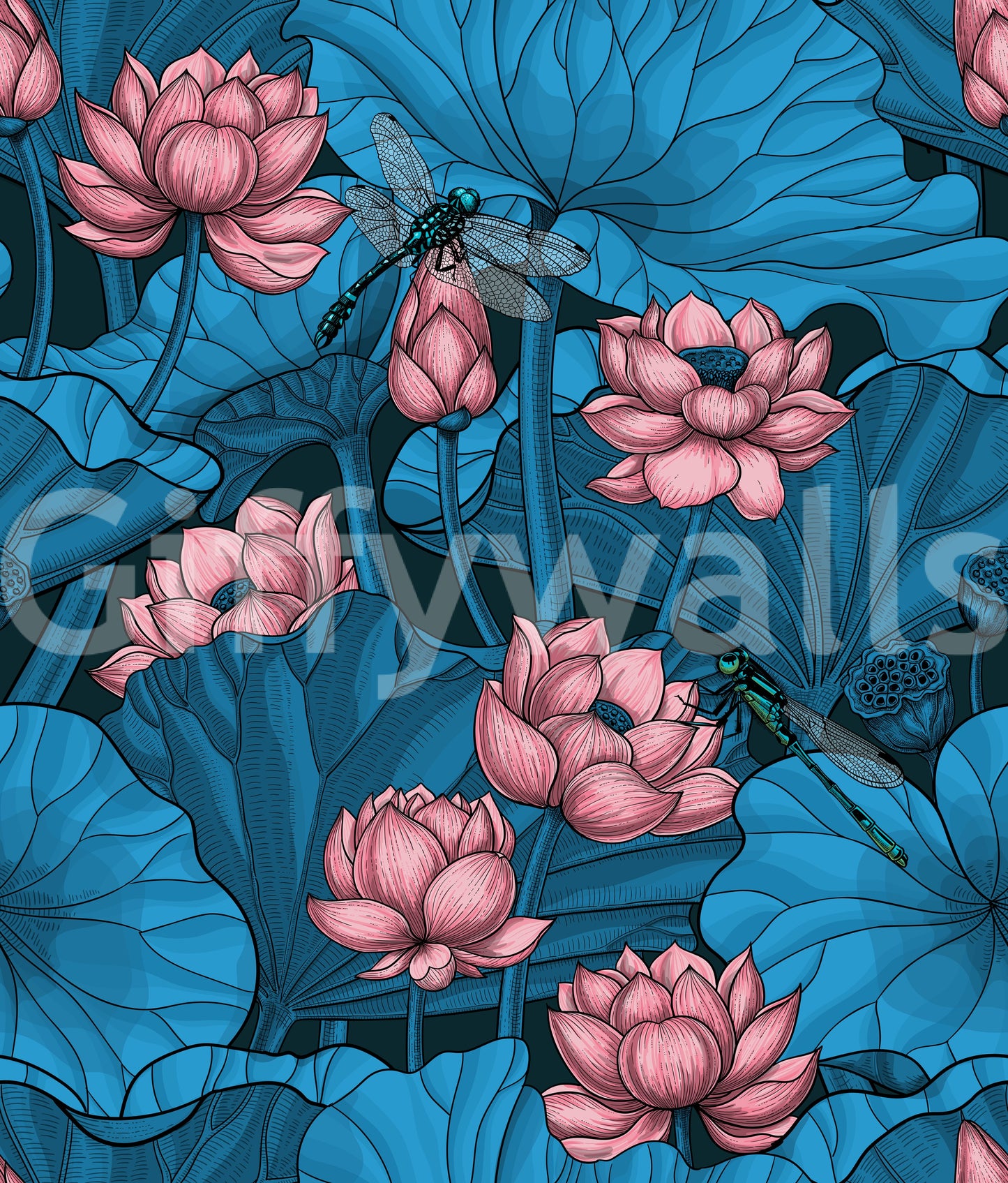 Zen Lotus Pond with Dragonflies in pink and blue Wallpaper