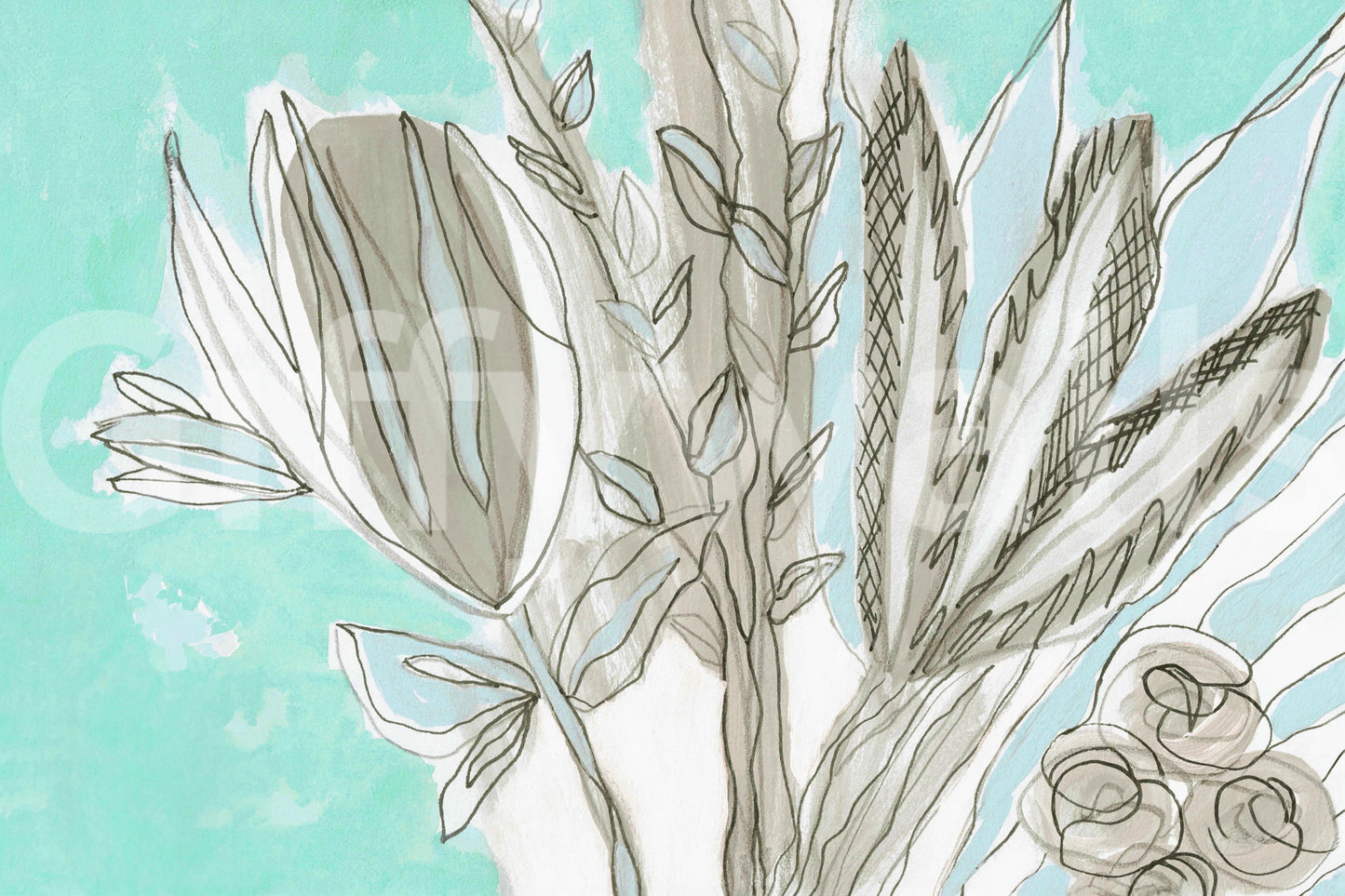 Muted Floral Line Art Wall Mural