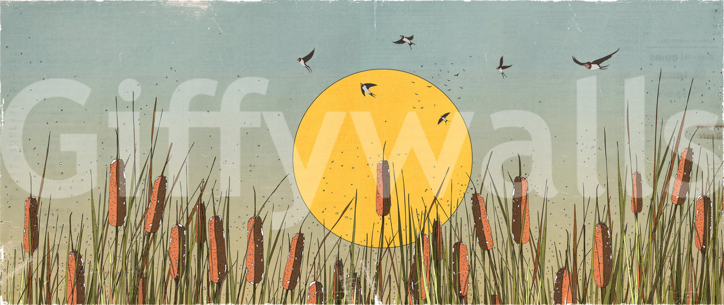 Golden Marshlands and Swallows Wall Mural