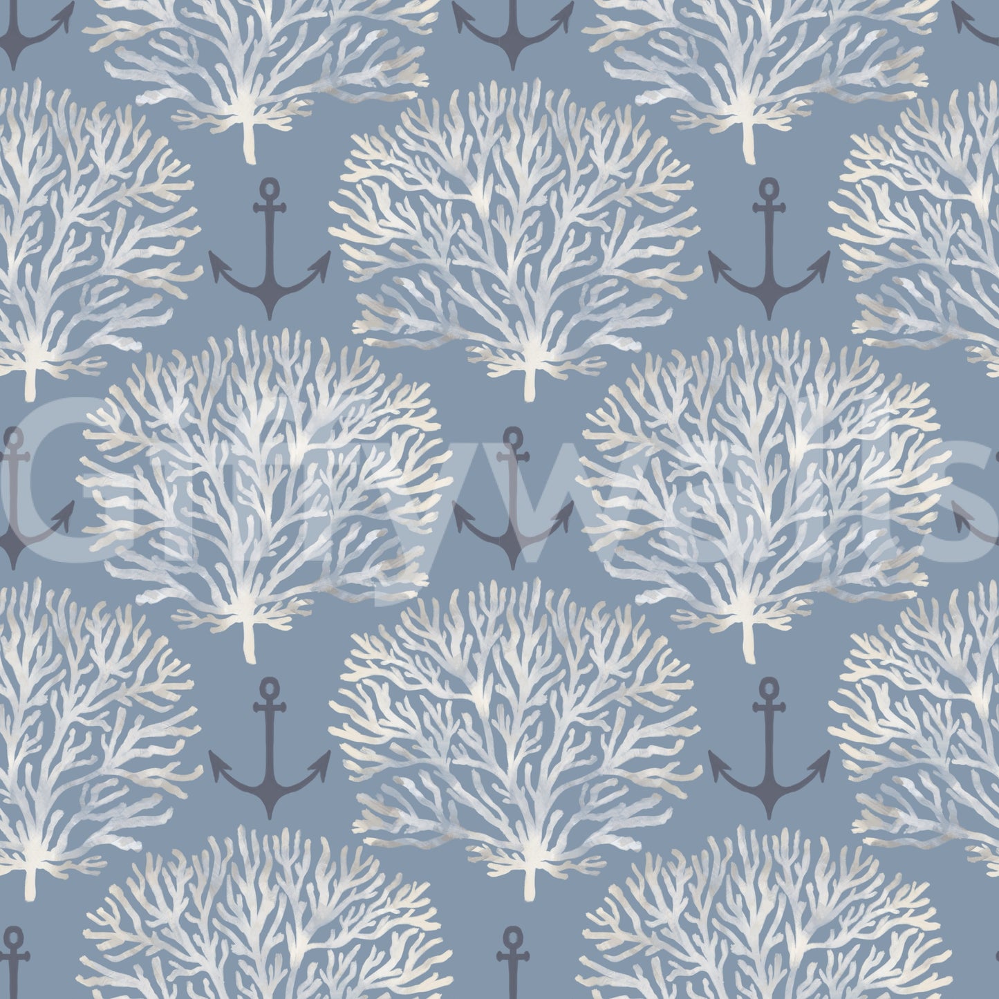 Coastal Marine Coral and Anchor Pattern Wallpaper