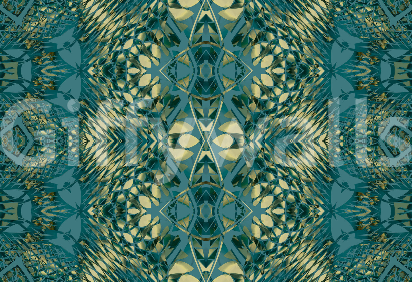 Abstract Ornamental Geometric Teal & Pale Yellow Lattice Wallpaper