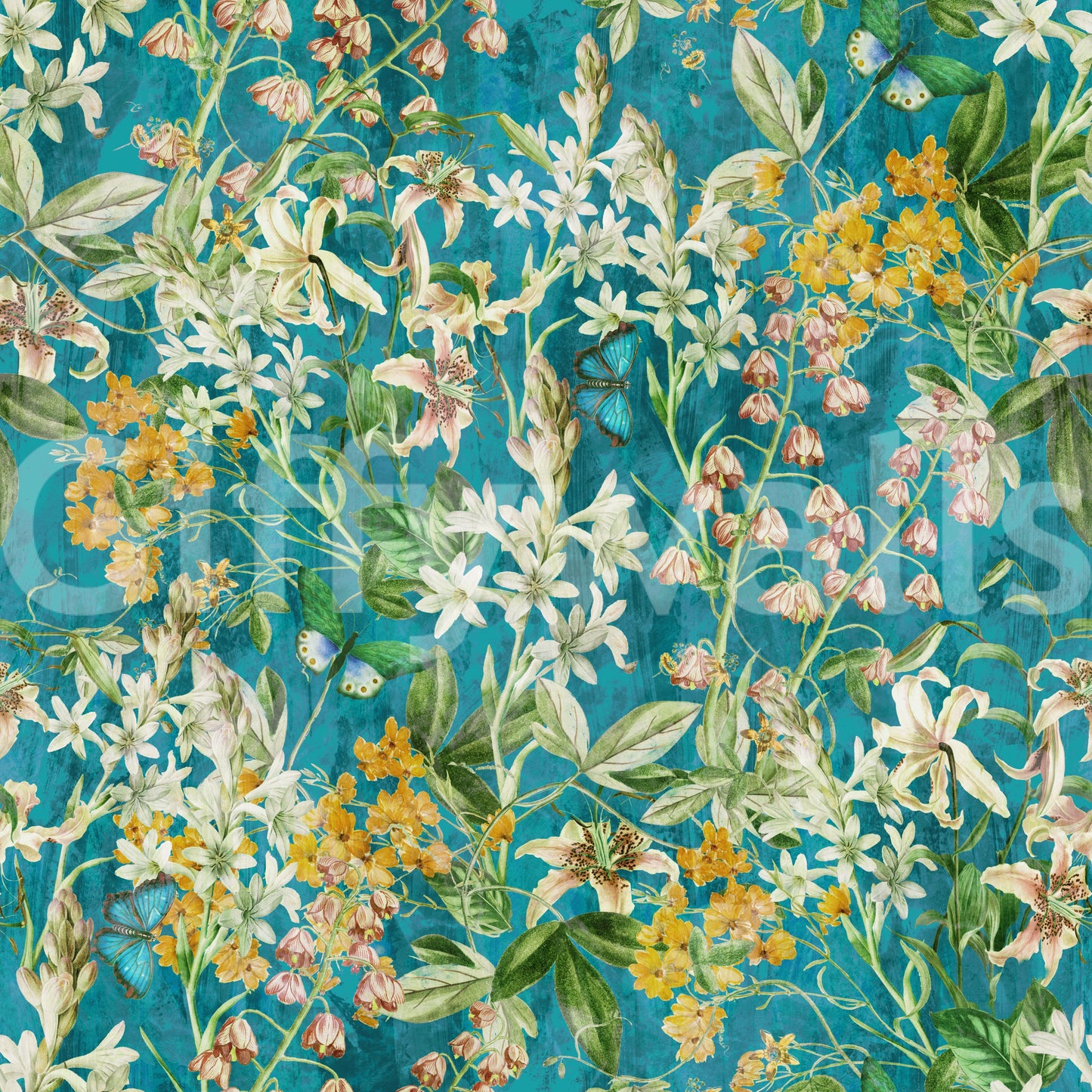 Turquoise Meadow Botanical Illustration Wallpaper