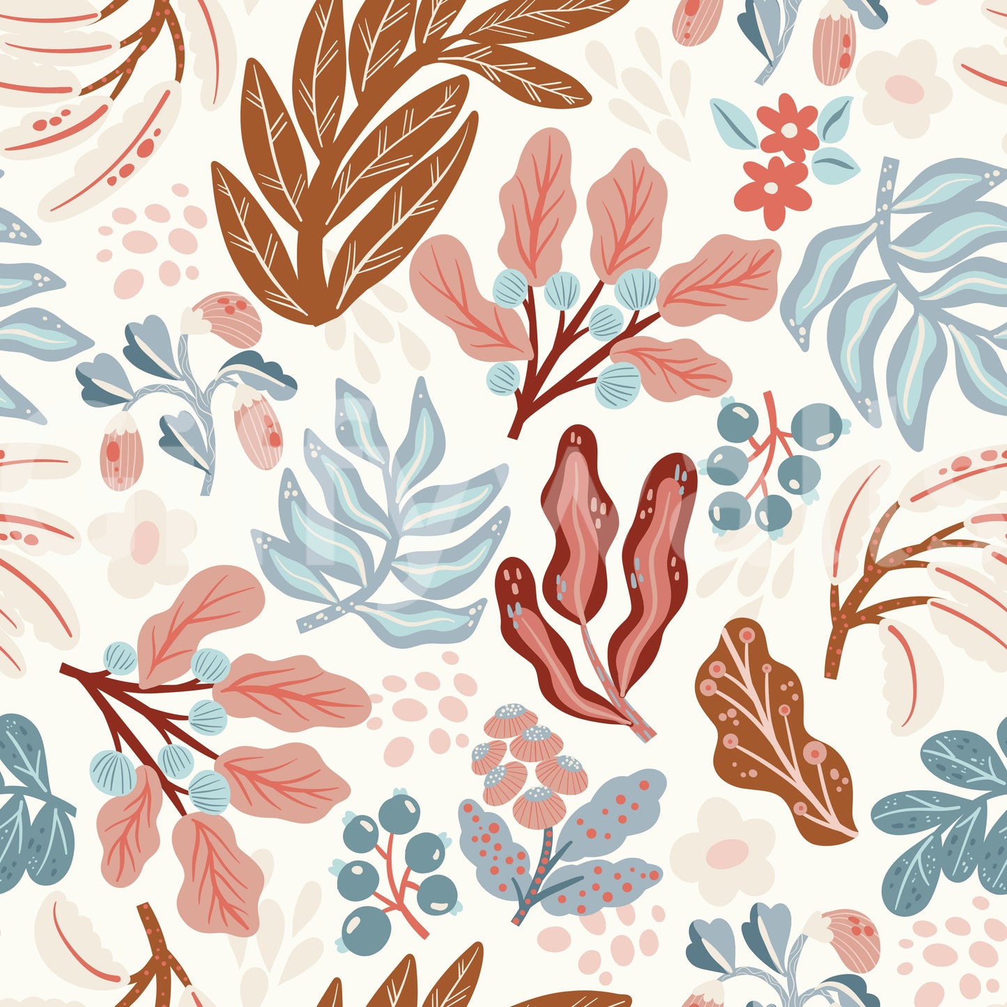Muted Autumn Botanical Folk Art Wallpaper