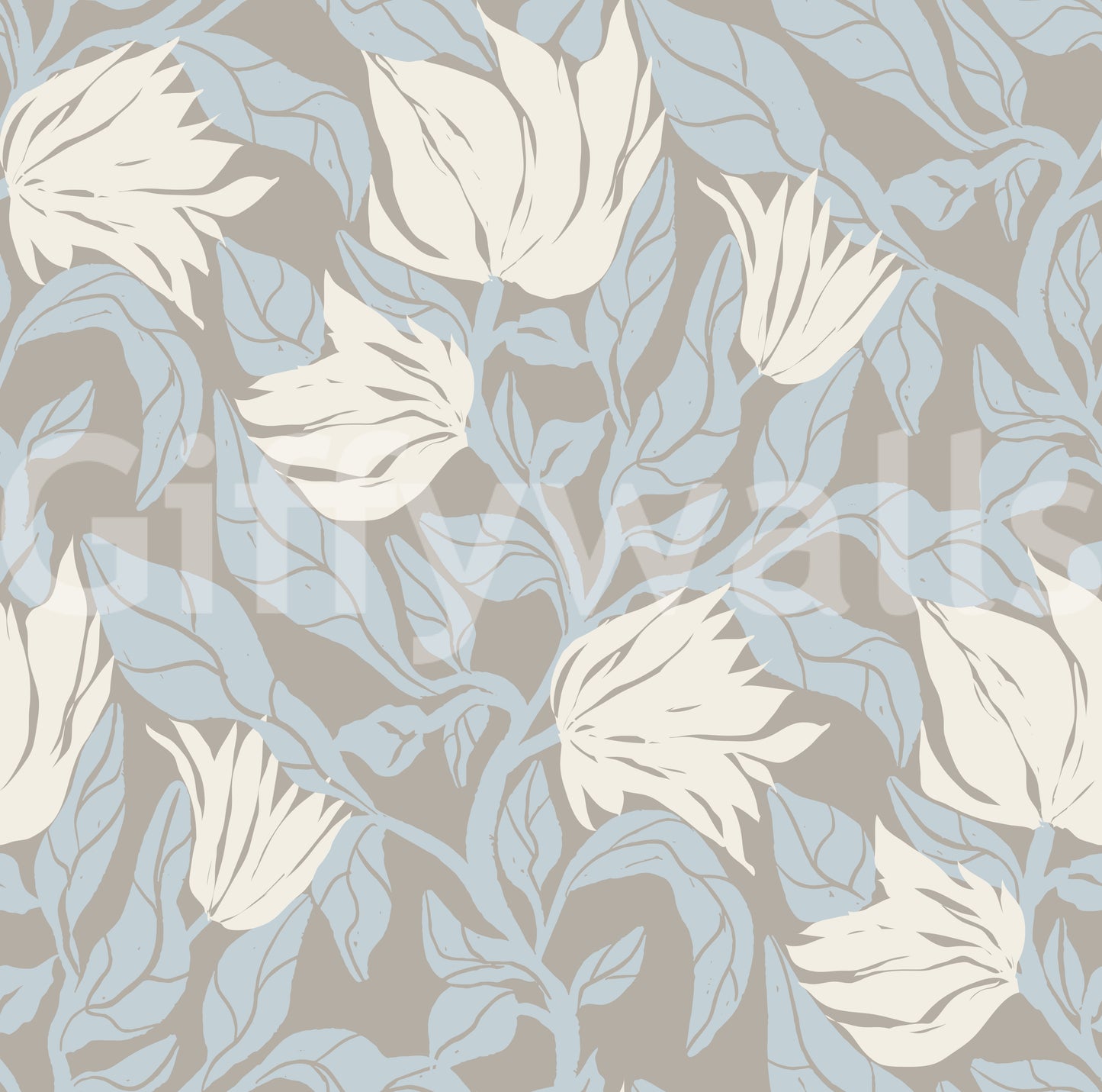 Serene Cream and Blue Floral Sketch Wallpaper