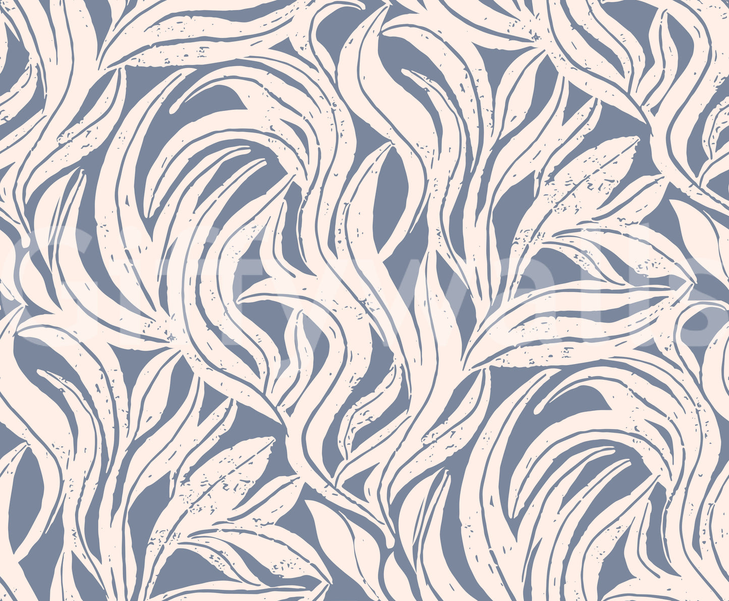 Cream and Blue Flowing Leaf Pattern Wallpaper