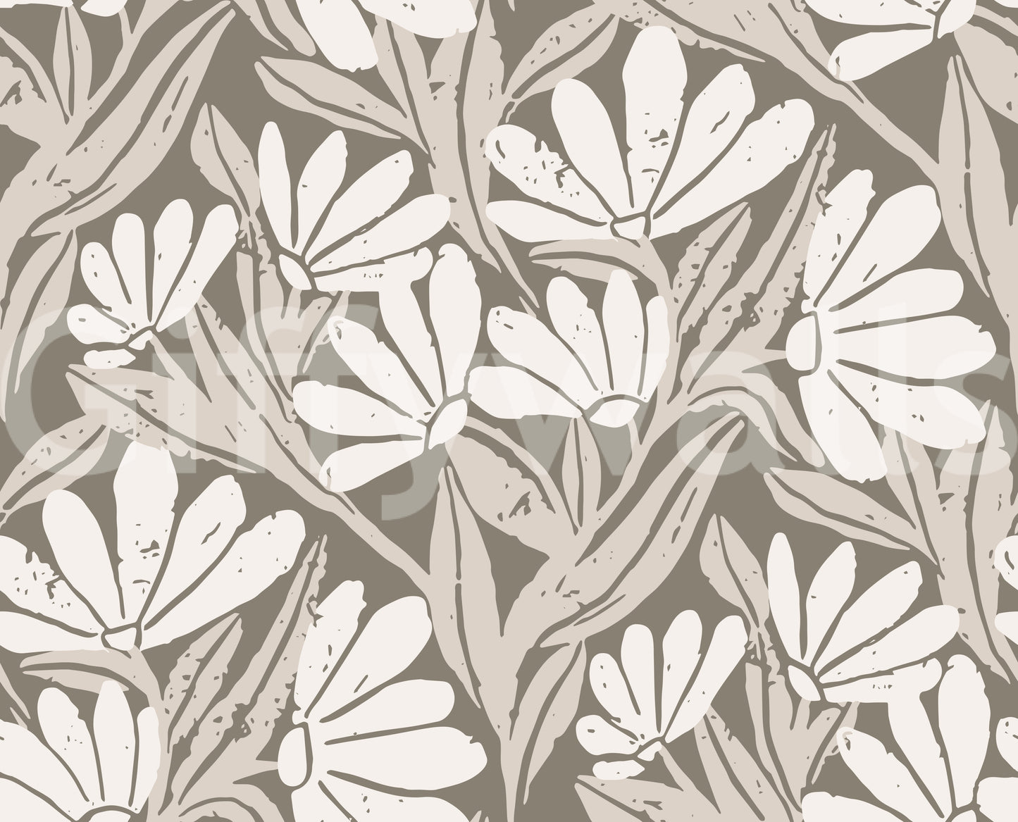 Rustic Cream and Taupe Flower Block Print Wallpaper