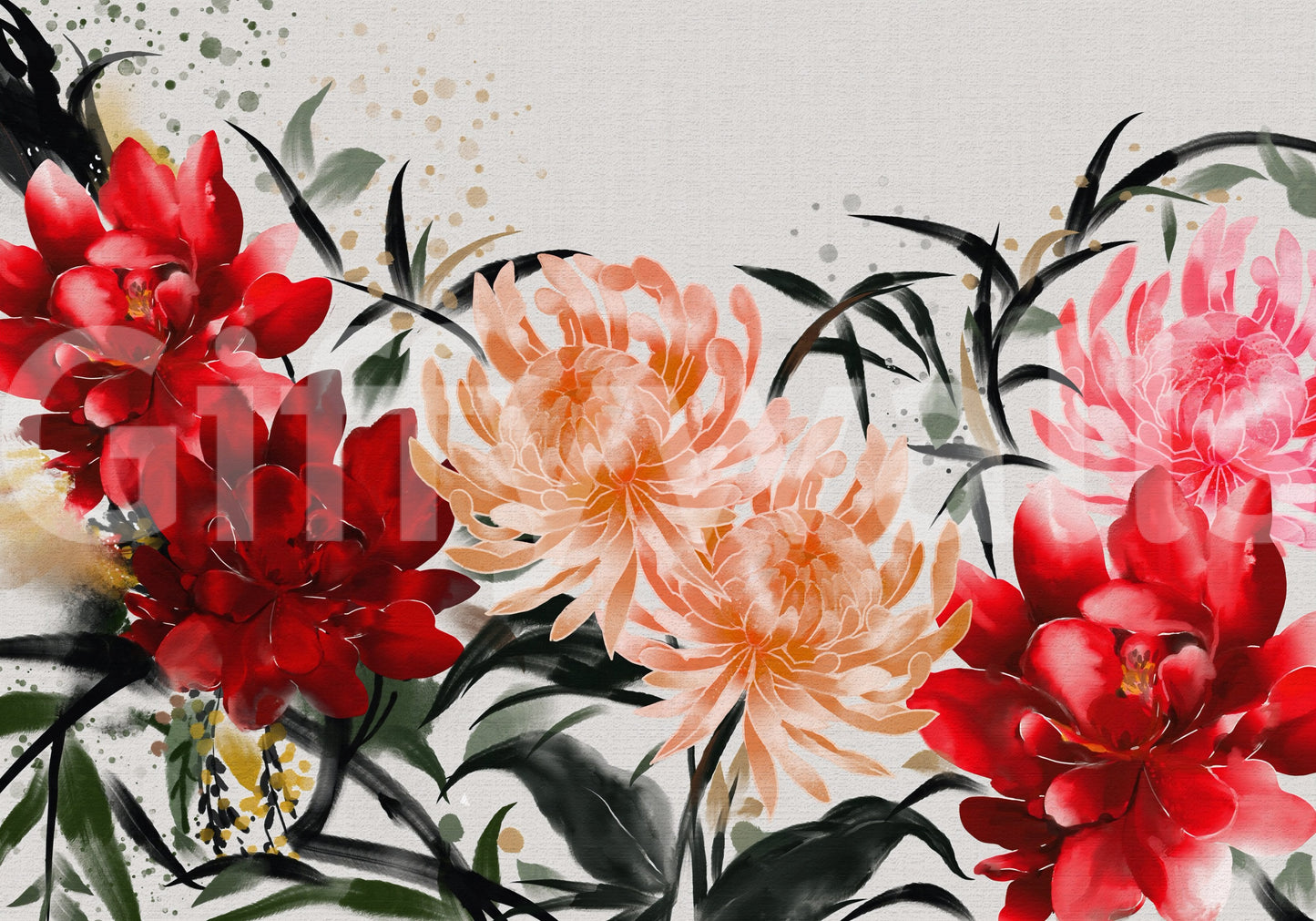 Crimson and Peach Floral Ink Wash Wall Mural