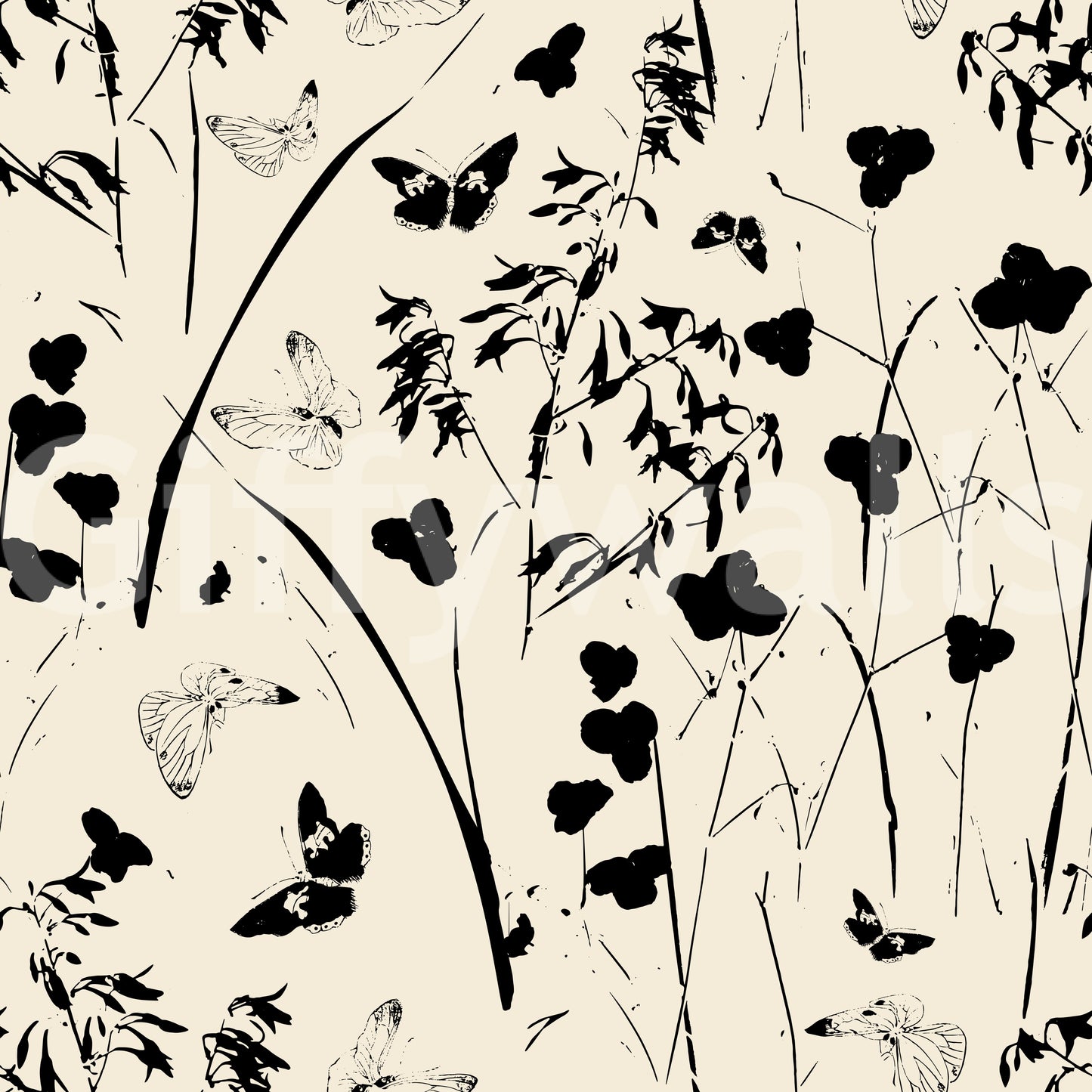 Silhouette Meadow and Butterfly Print Wallpaper