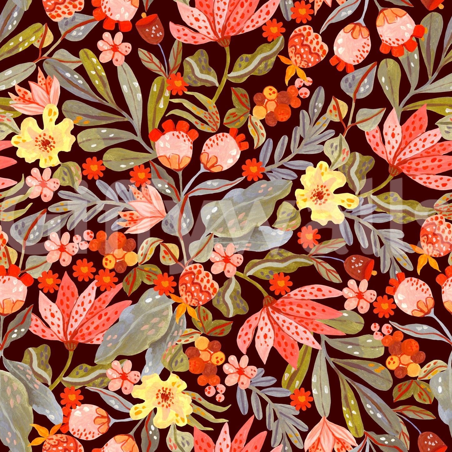 Whimsical Meadow Flora Repeat Wallpaper