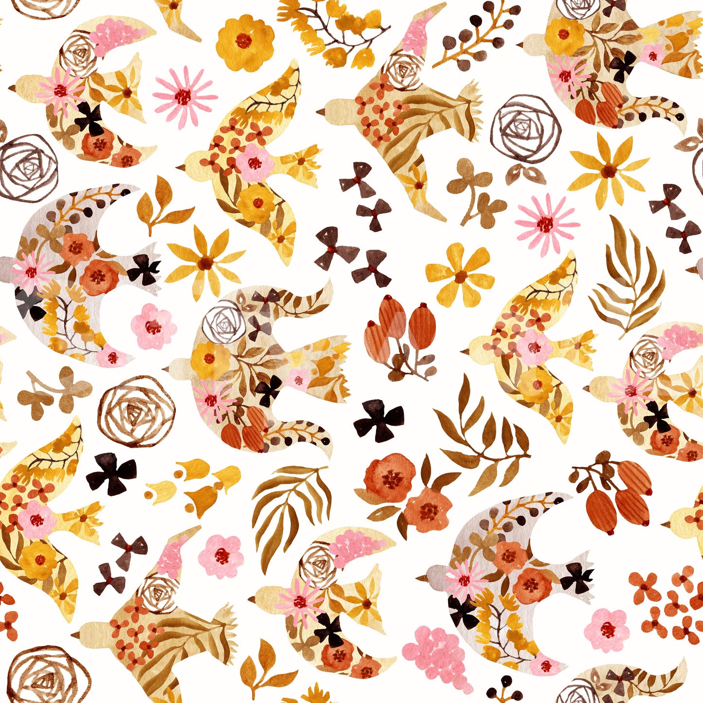 Rustic Floral Bird Flight Wallpaper