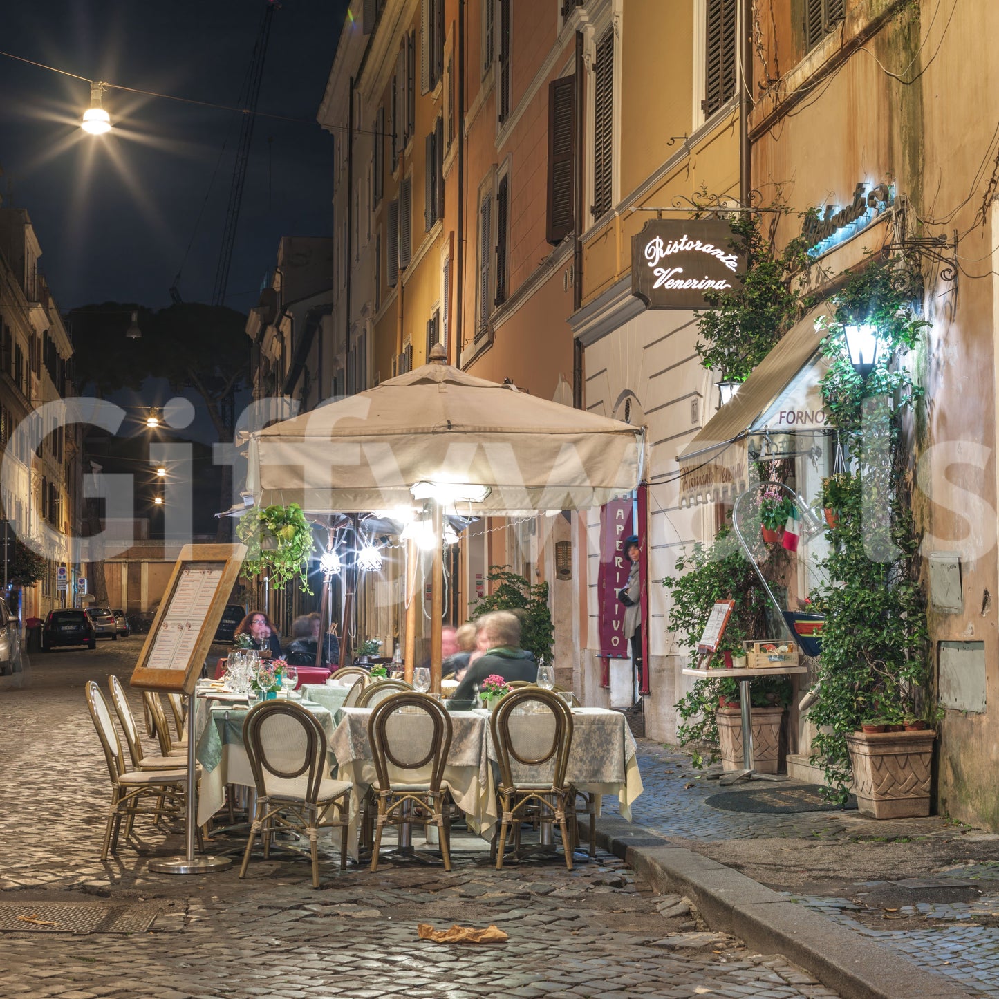 Cobblestone European Evening Bistro Wall Mural