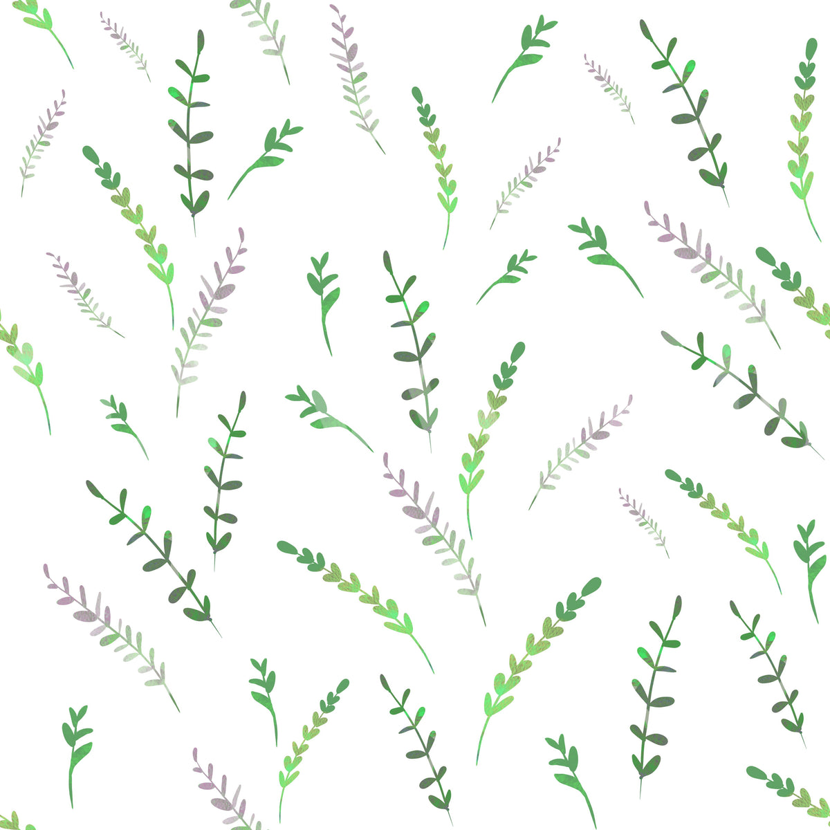 Close-up of minimalist greenery pattern wallpaper showing green leaves and lavender sprigs GD12282