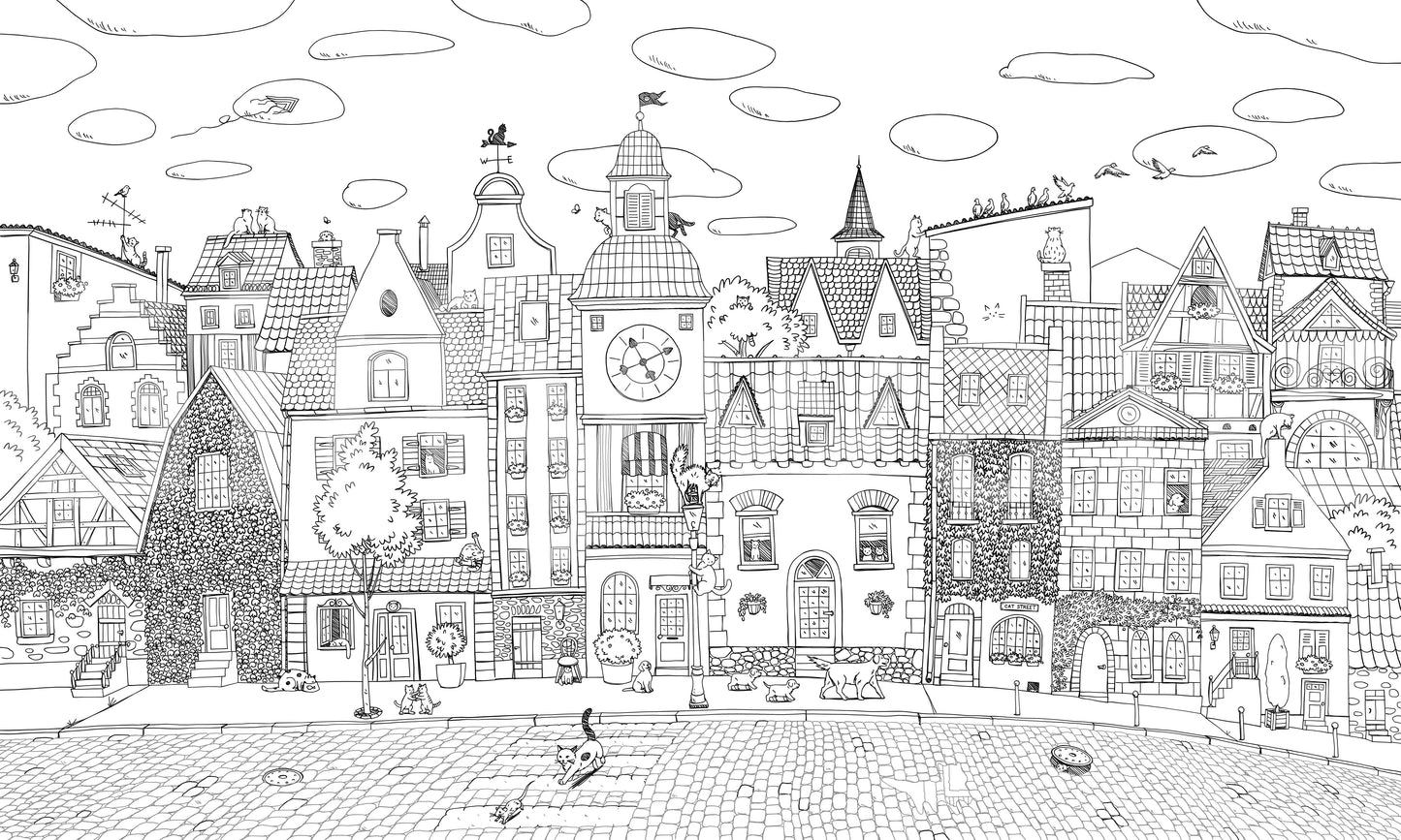Whimsical Feline Cityscape Illustration Wall Mural