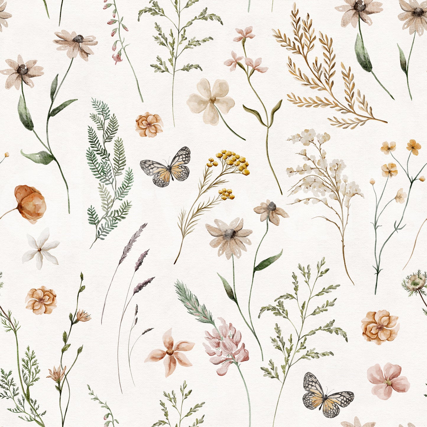 Rustic Meadow Botanical Sketch Wallpaper