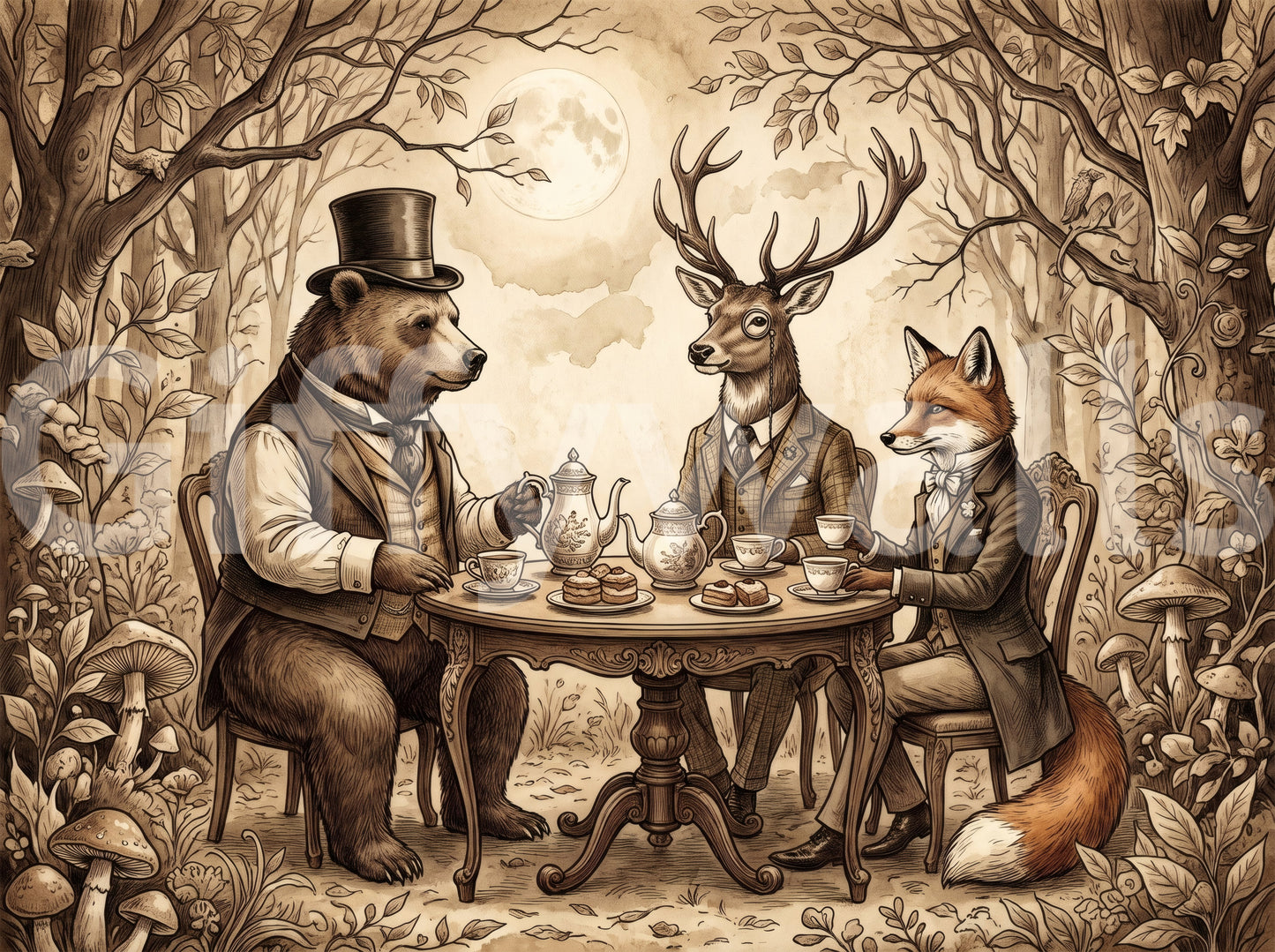 Woodland Tea Party in Sepia Wall Mural