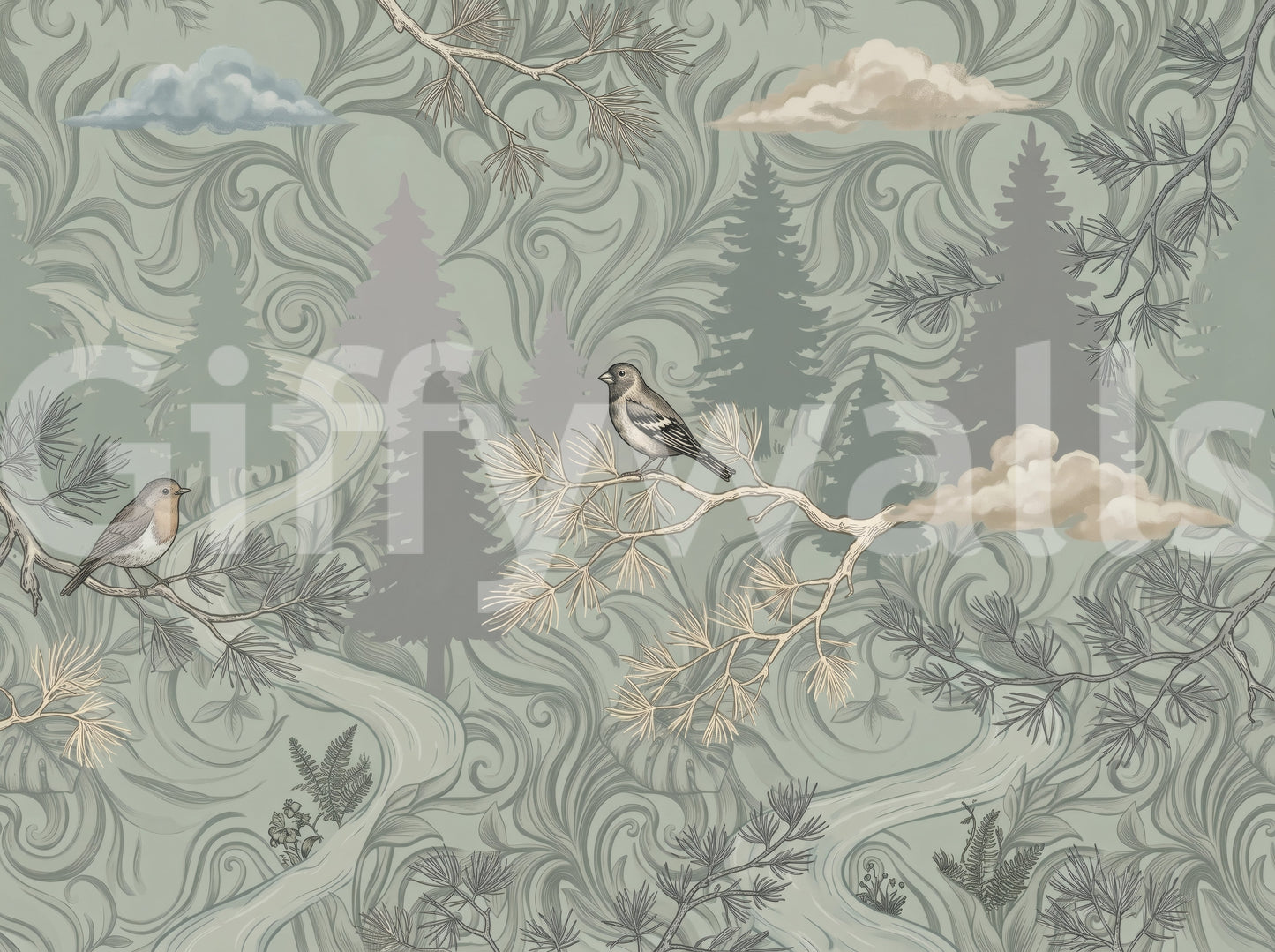 Misty Pine Forest Aviary Wall Mural