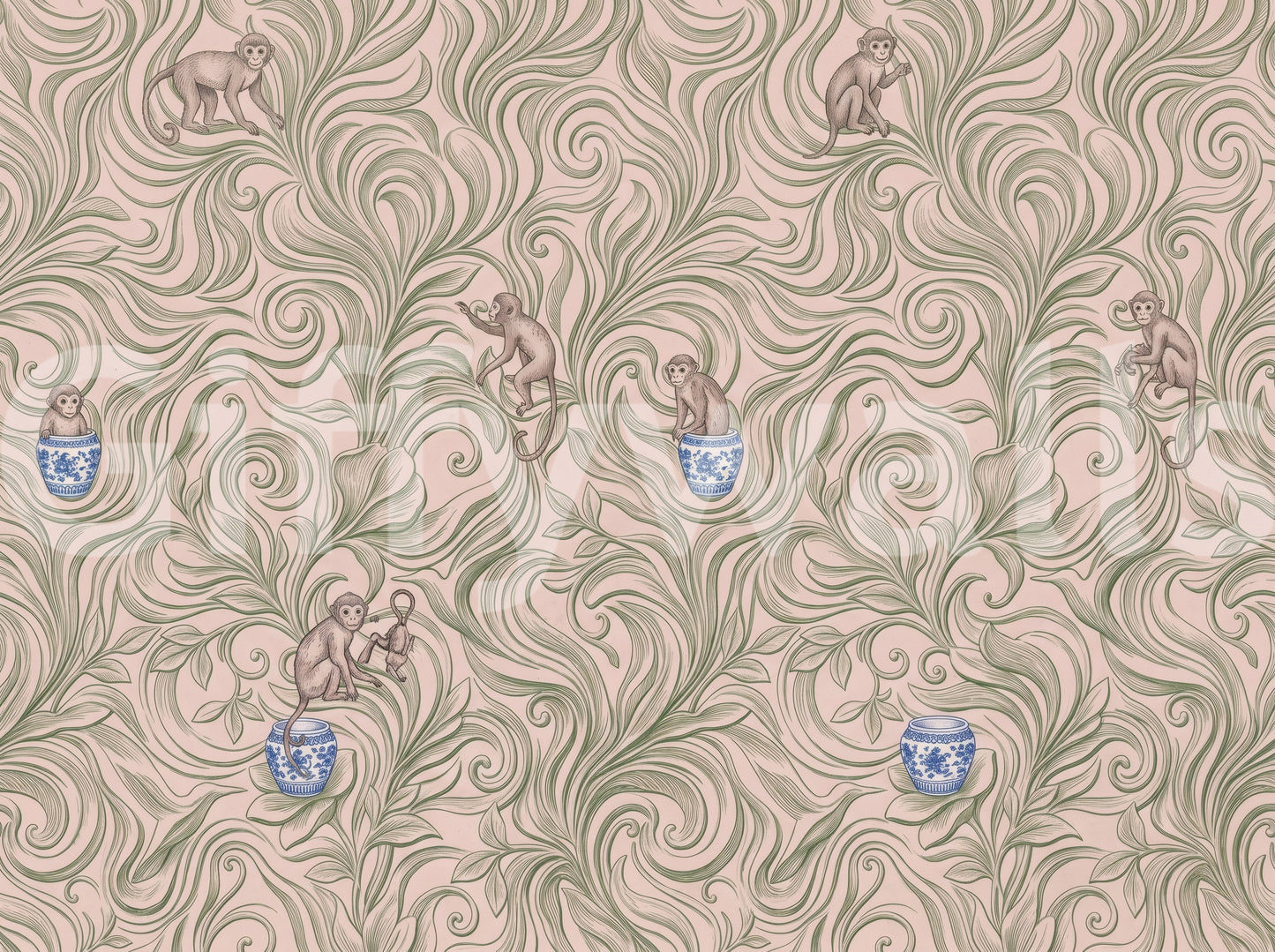 Playful Monkeys in Porcelain Vases Wall Mural