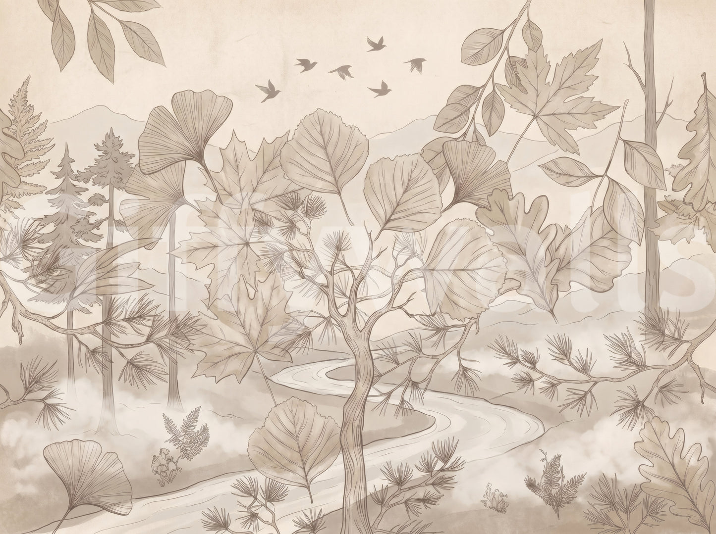 Sepia Forest Trail Artwork Wall Mural