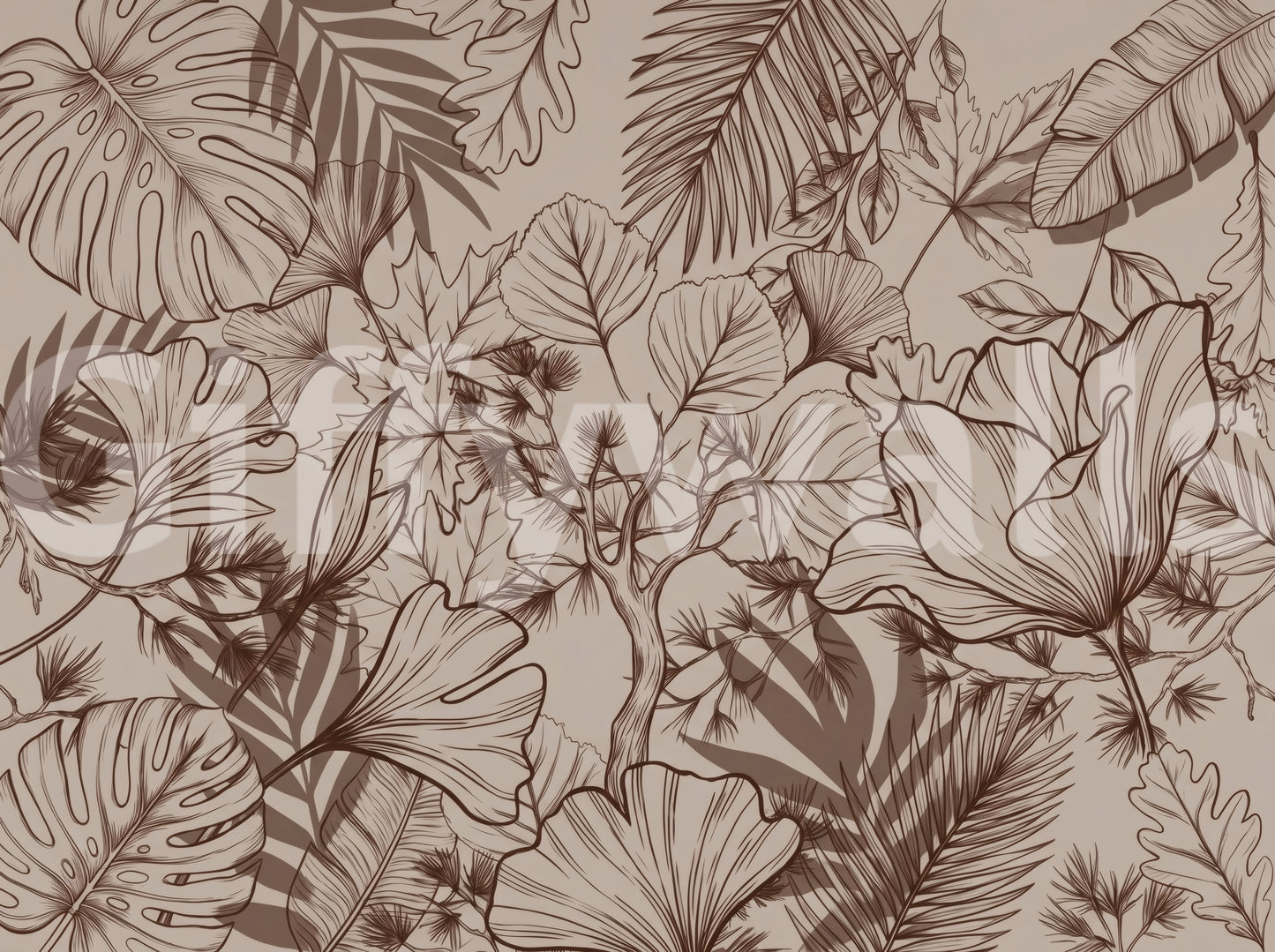 Monochromatic Botanical Line Art Wall Mural
