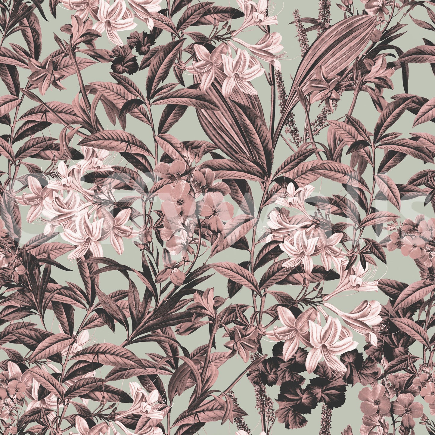 Muted Sage and Rose Garden Motif Wallpaper