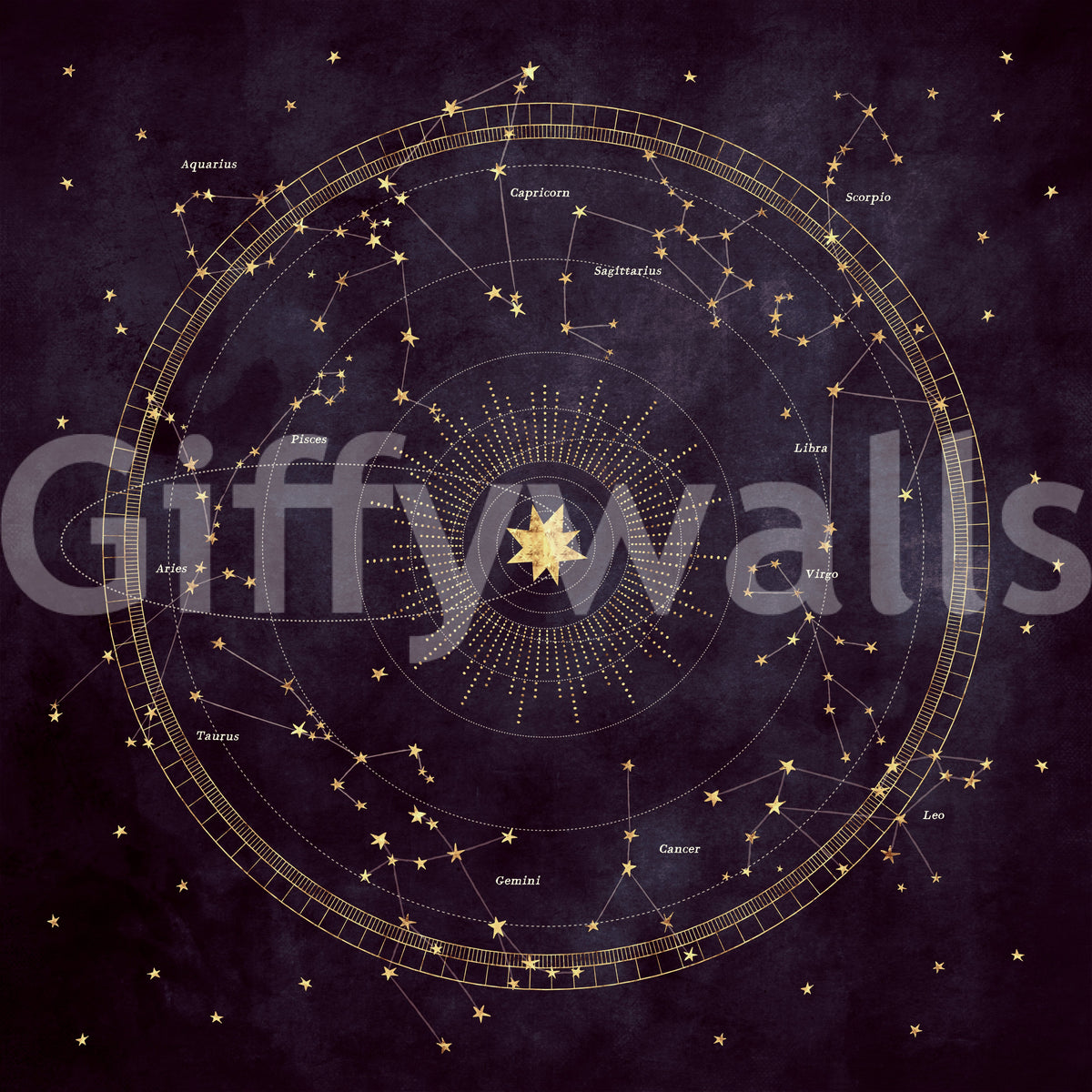 Eggplant astro wheel constellation mural pattern detail in gold GD12716